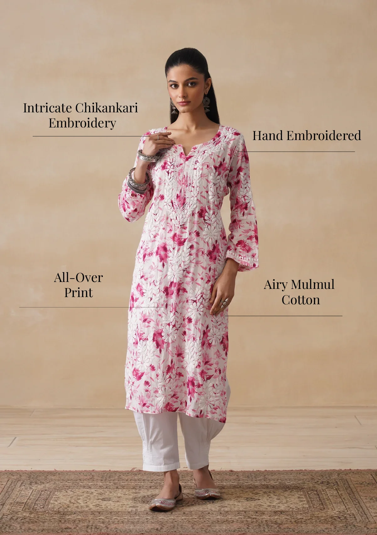 HOC Mulmul Chikankari Printed Women's Long Kurta - Pink - Image 9