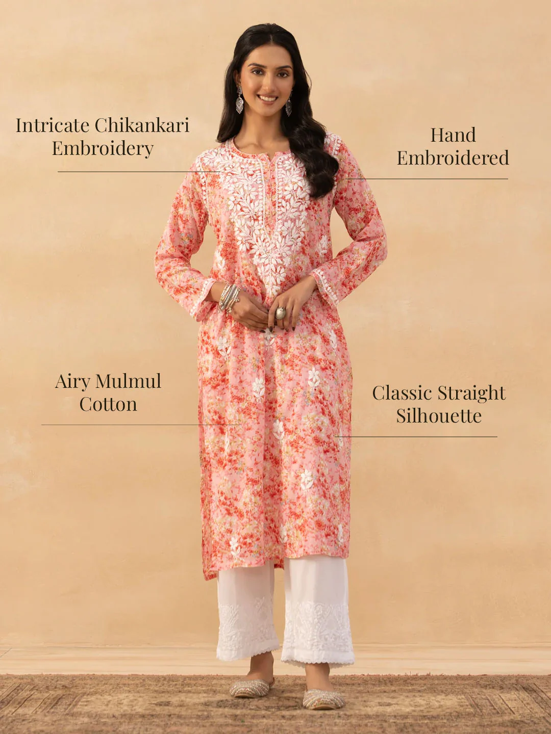 HOC Mulmul Chikankari Printed Women's Long Kurta - Pink - Image 10