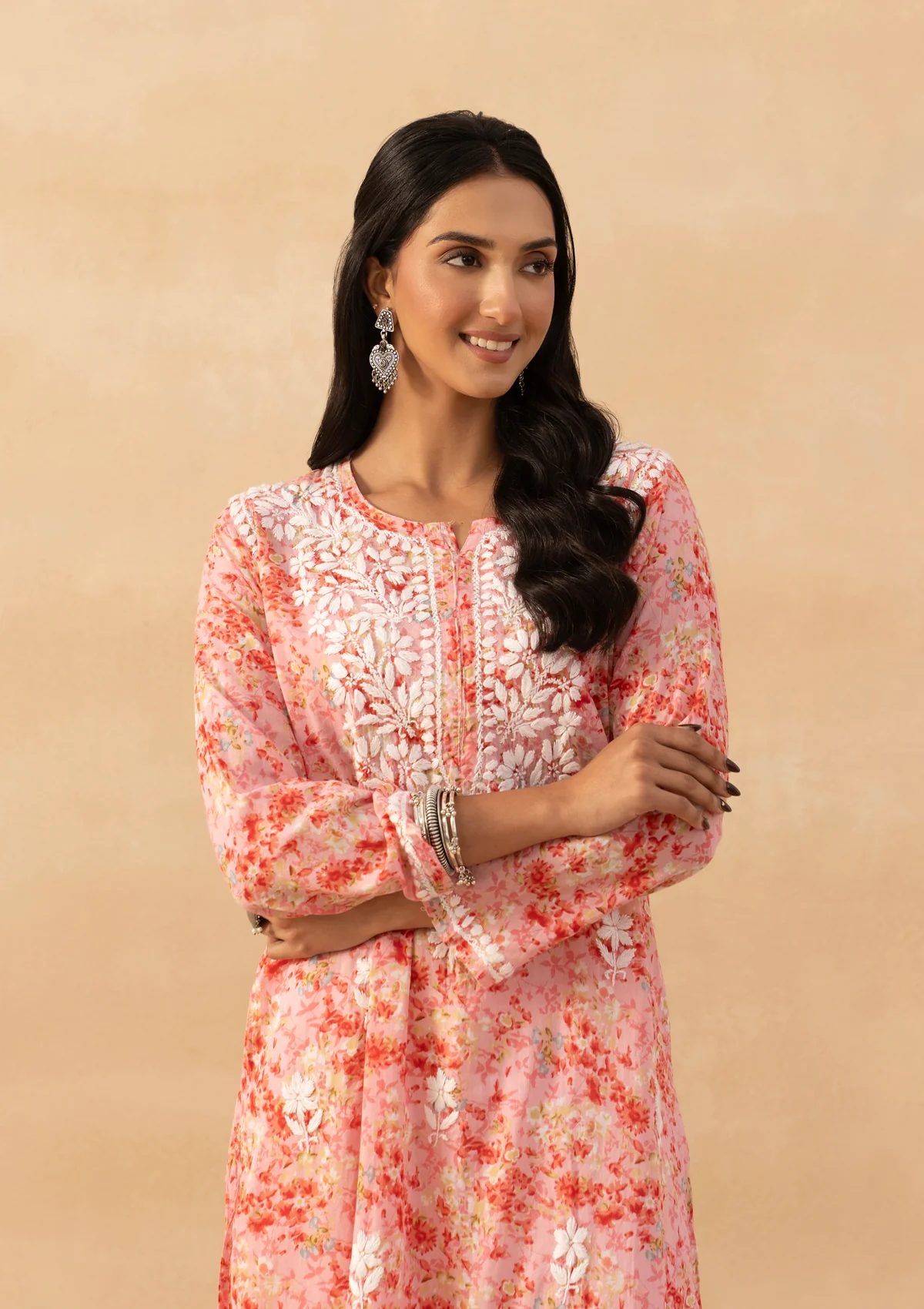 HOC Mulmul Chikankari Printed Women's Long Kurta - Pink - Image 5