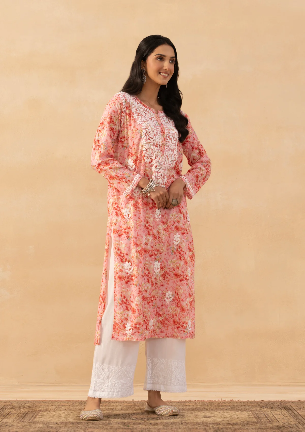 HOC Mulmul Chikankari Printed Women's Long Kurta - Pink - Image 6