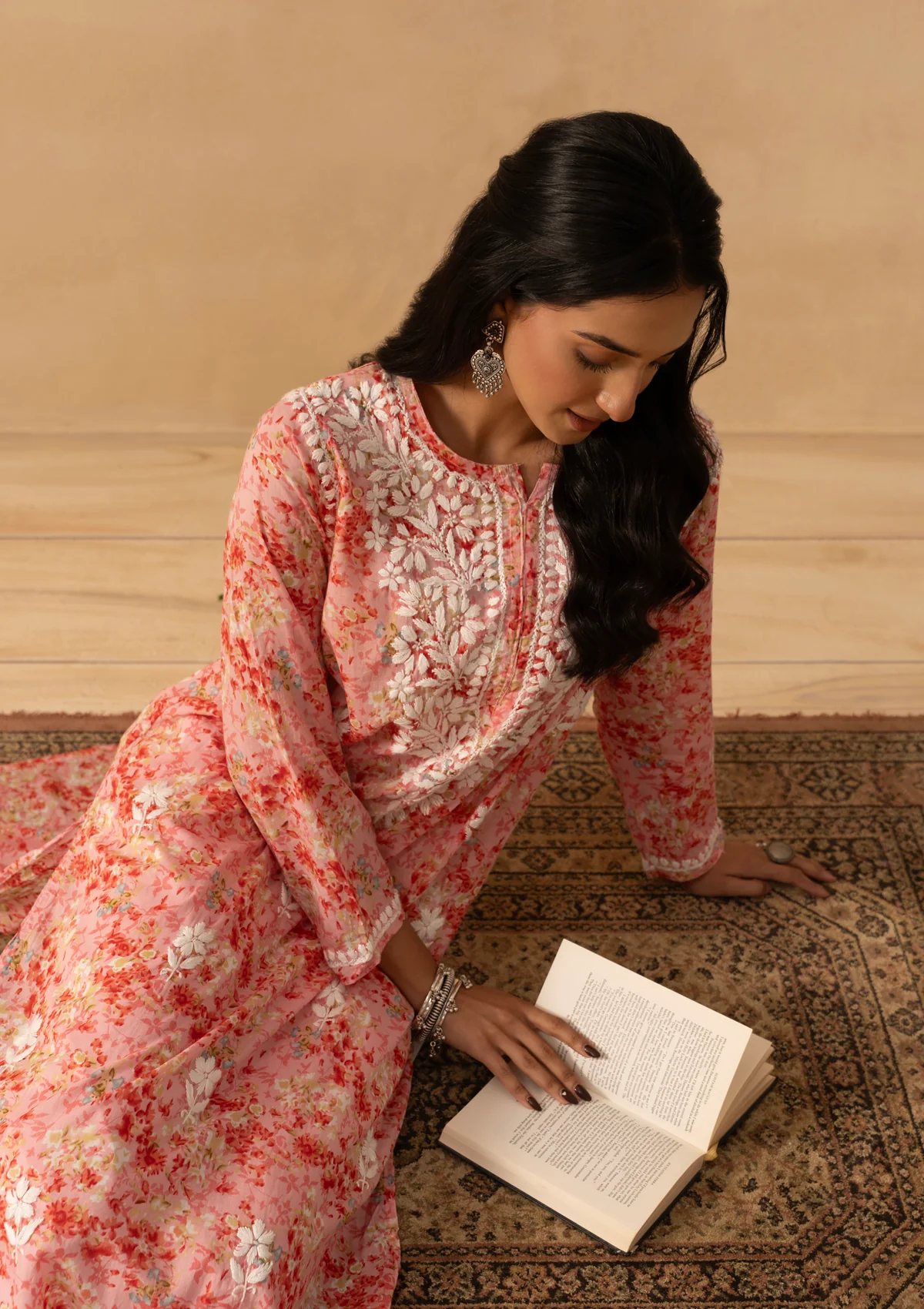 HOC Mulmul Chikankari Printed Women's Long Kurta - Pink - Image 8