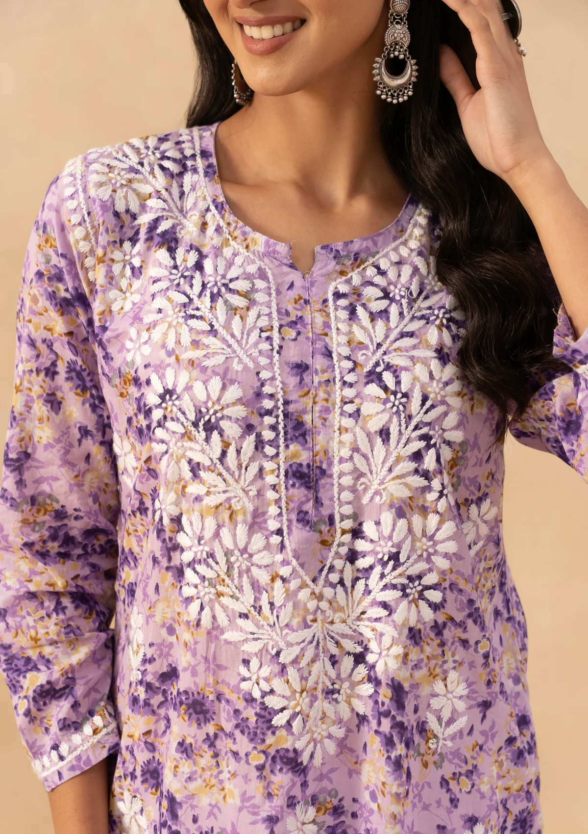 HOC Mulmul Chikankari Printed Women's Long Kurta - Purple - Image 4