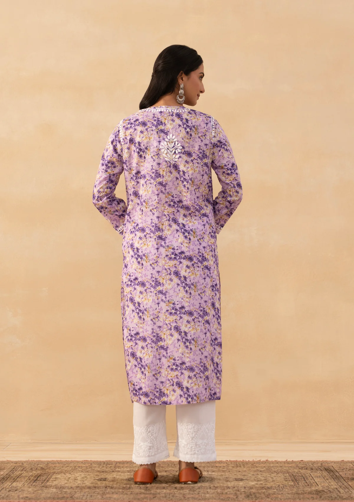 HOC Mulmul Chikankari Printed Women's Long Kurta - Purple - Image 6