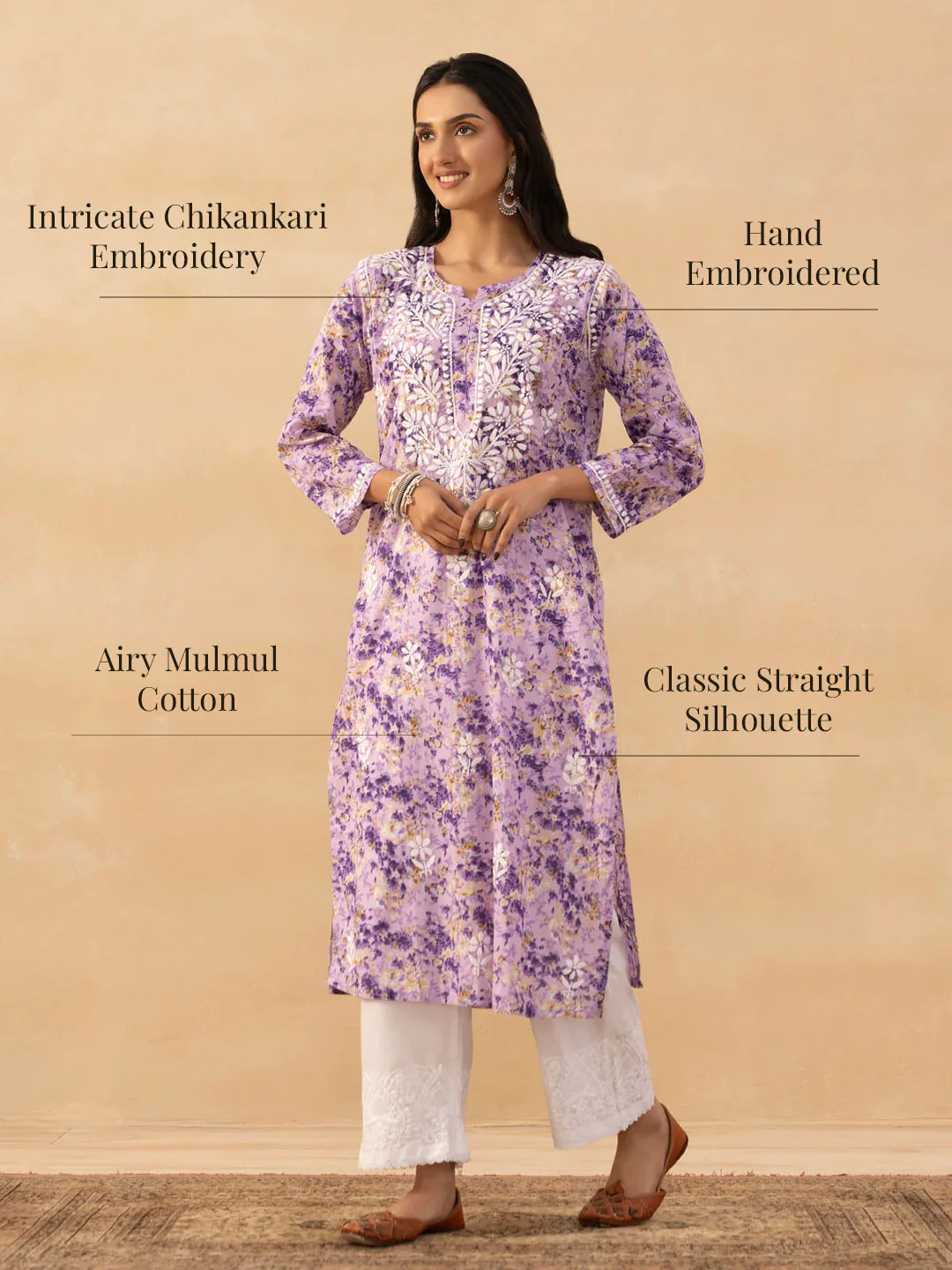 HOC Mulmul Chikankari Printed Women's Long Kurta - Purple - Image 7