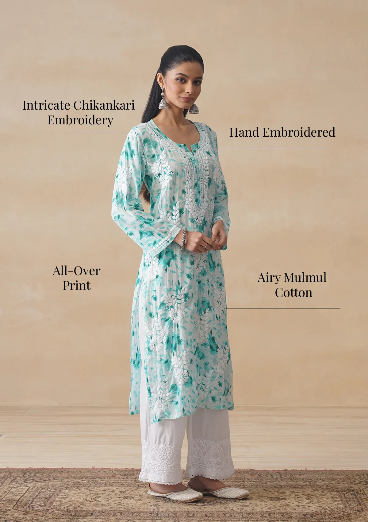 HOC Mulmul Chikankari Printed Women's Long Kurta - Sea Green - Image 10