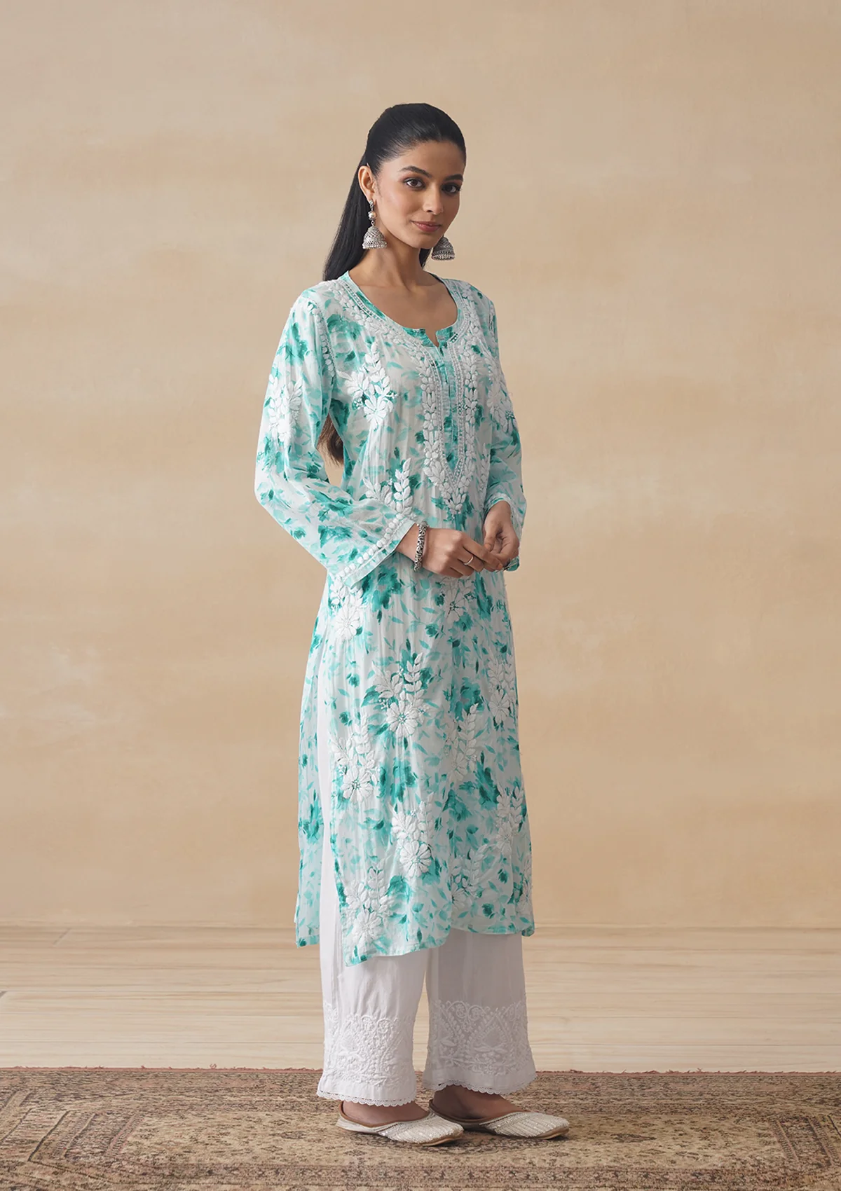 HOC Mulmul Chikankari Printed Women's Long Kurta - Sea Green - Image 7