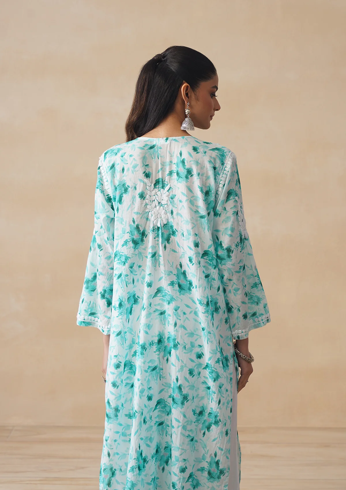 HOC Mulmul Chikankari Printed Women's Long Kurta - Sea Green - Image 9