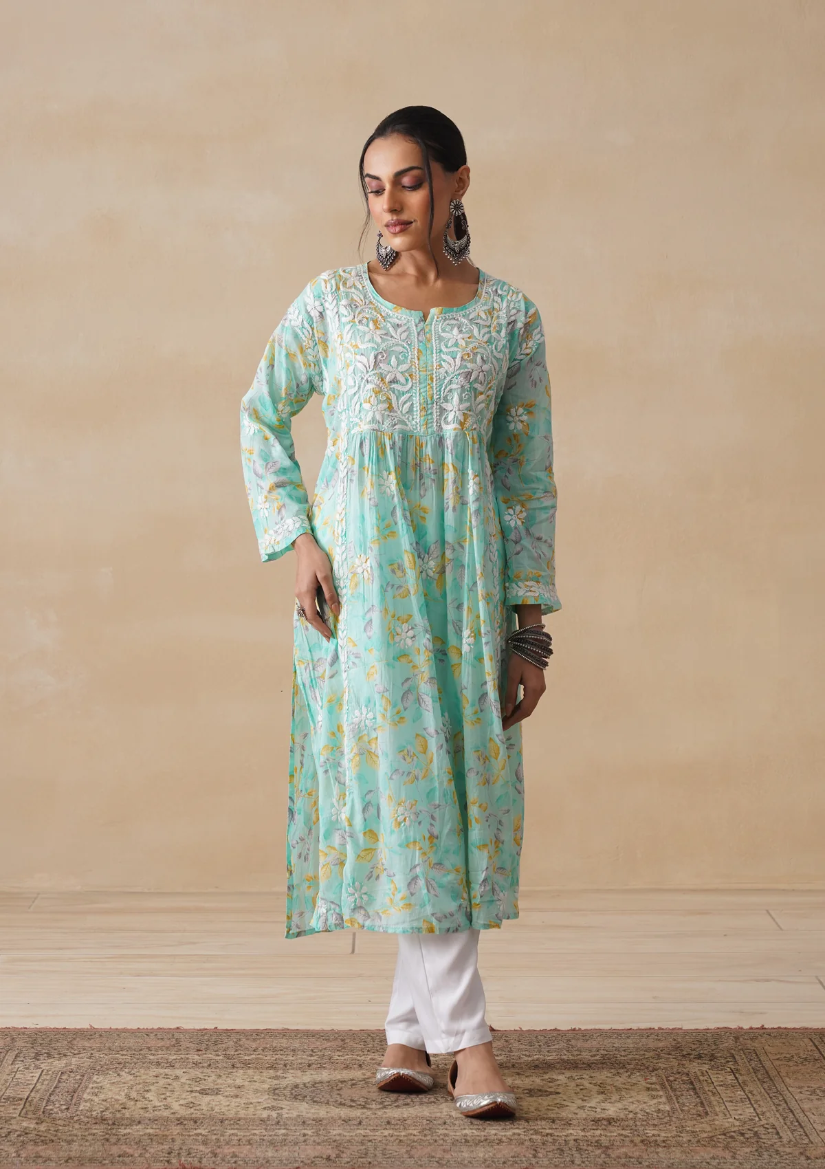 HOC Mulmul Chikankari Printed Women's Long Kurta - Sea Green