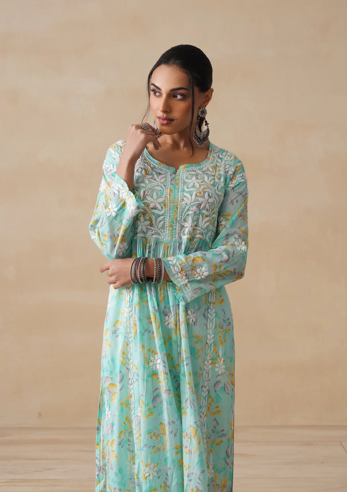 HOC Mulmul Chikankari Printed Women's Long Kurta - Sea Green - Image 2