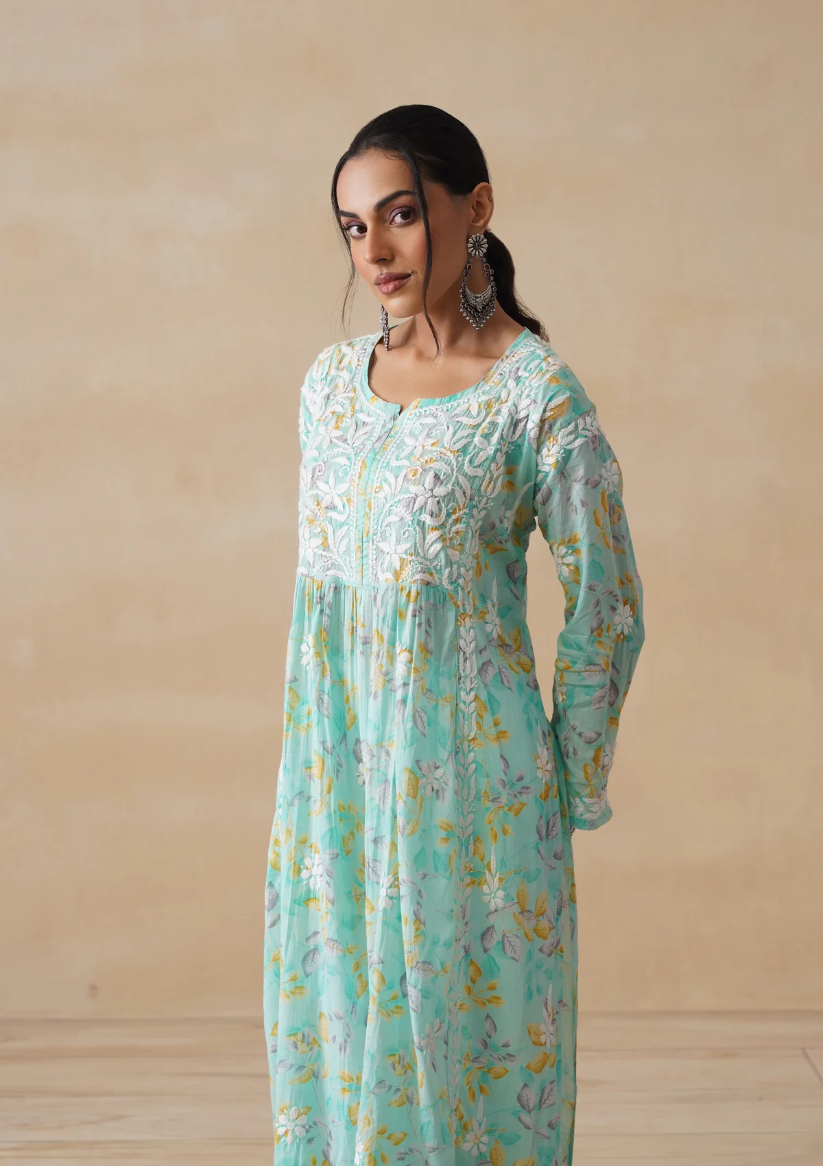 HOC Mulmul Chikankari Printed Women's Long Kurta - Sea Green - Image 3