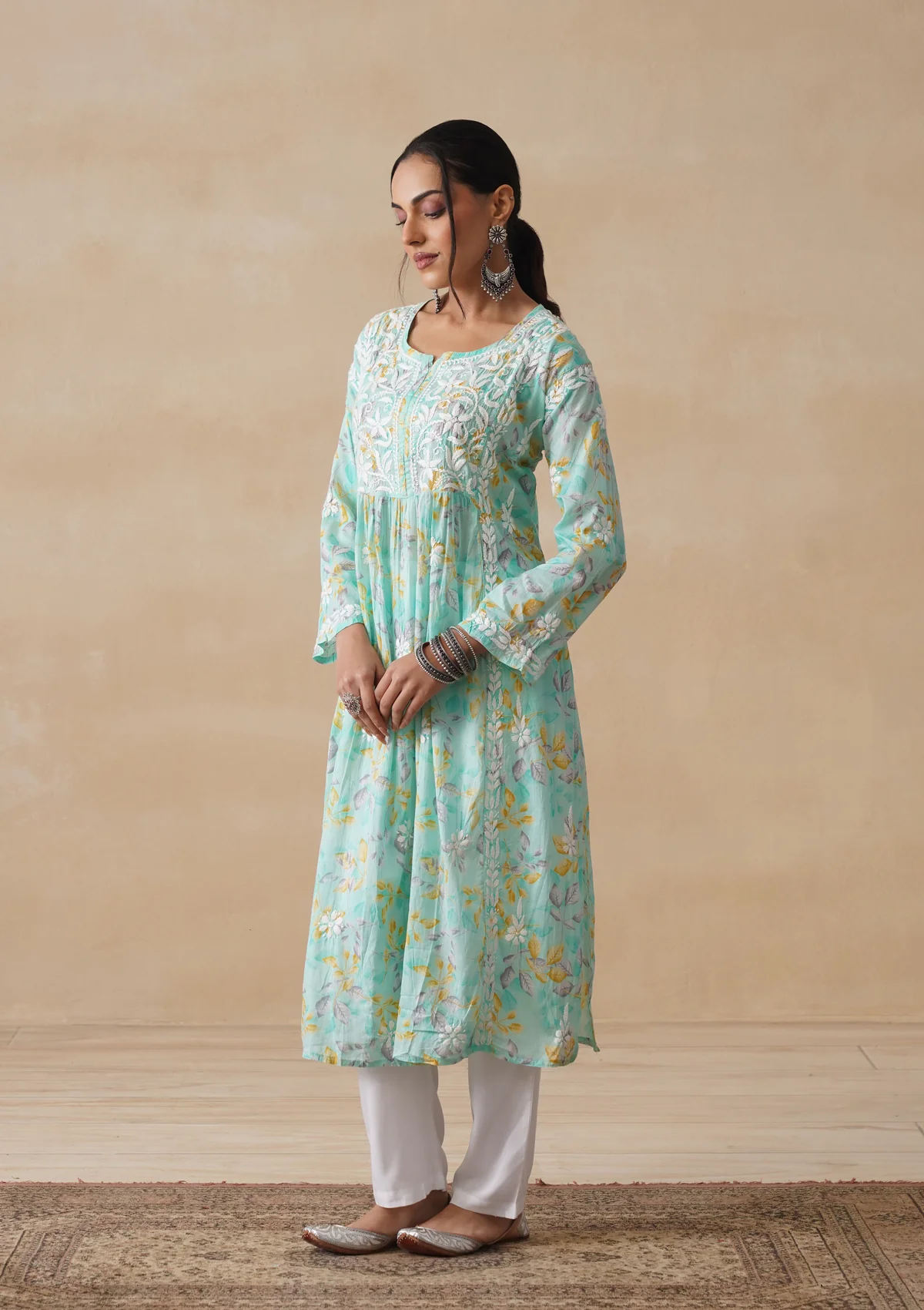 HOC Mulmul Chikankari Printed Women's Long Kurta - Sea Green - Image 4