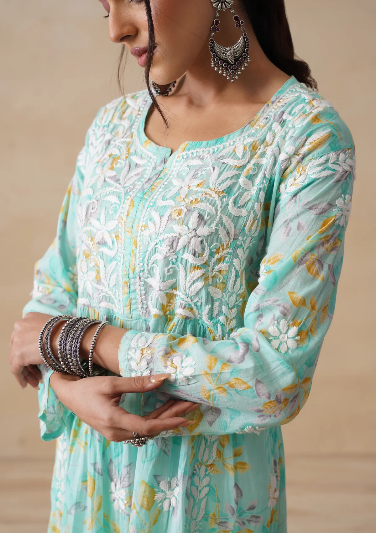 HOC Mulmul Chikankari Printed Women's Long Kurta - Sea Green - Image 5