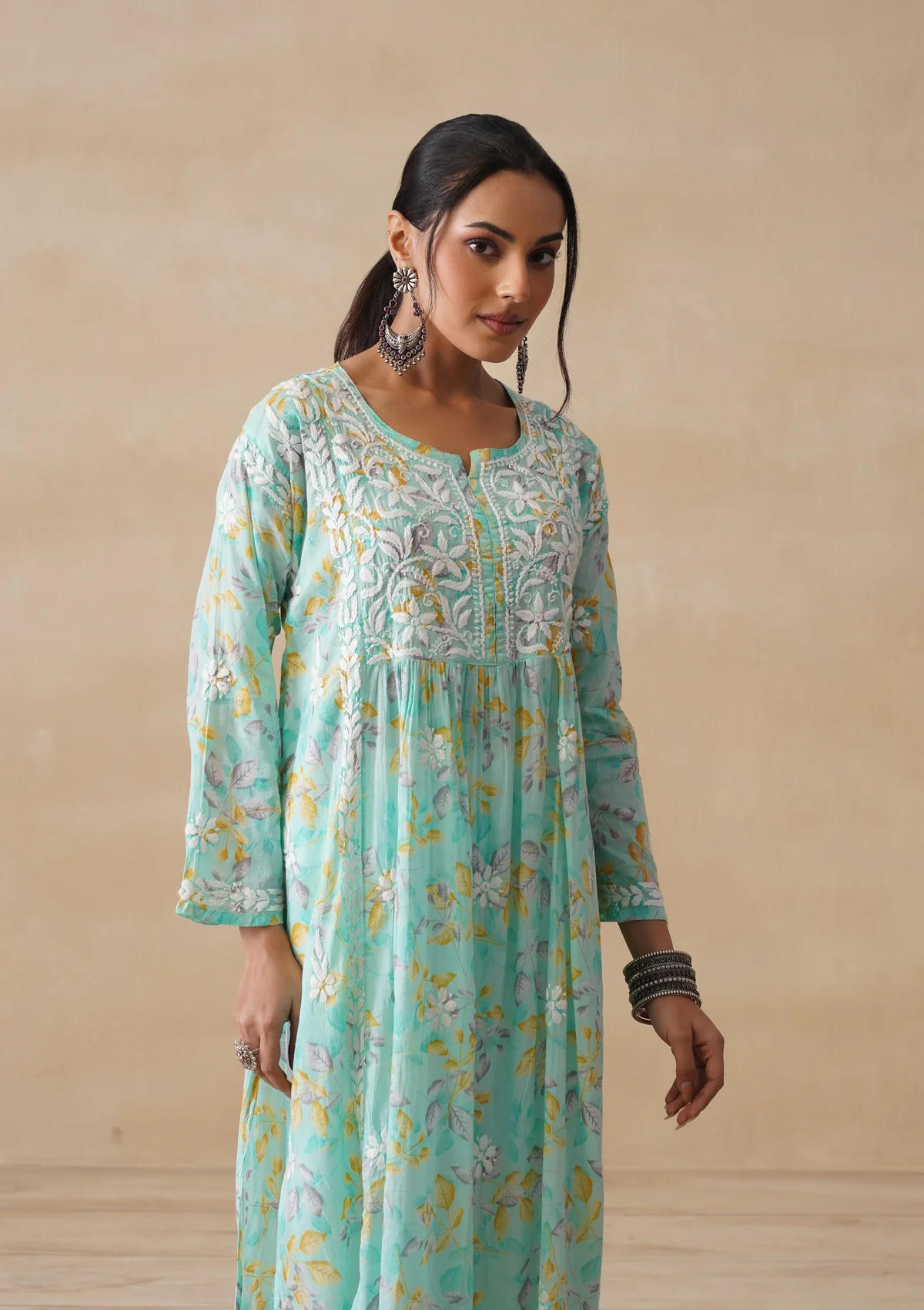 HOC Mulmul Chikankari Printed Women's Long Kurta - Sea Green - Image 6