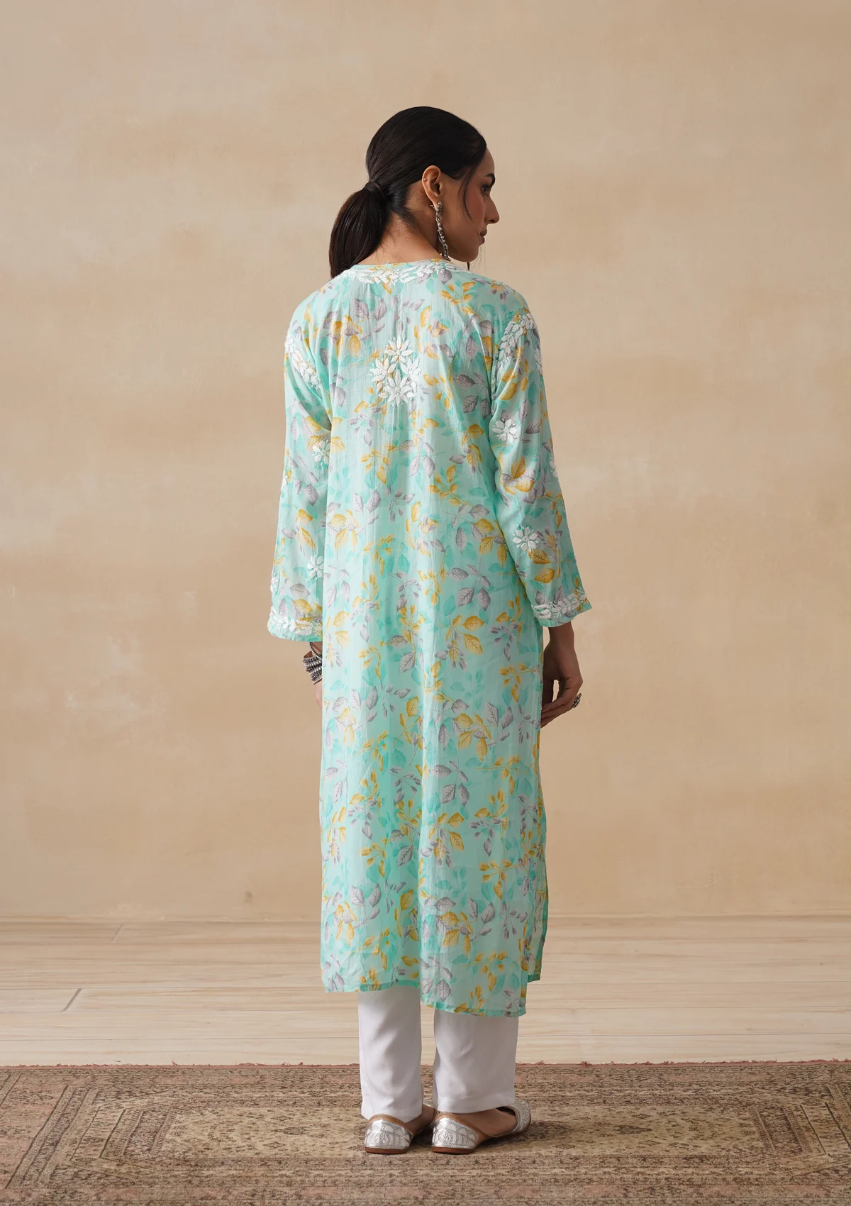 HOC Mulmul Chikankari Printed Women's Long Kurta - Sea Green - Image 8