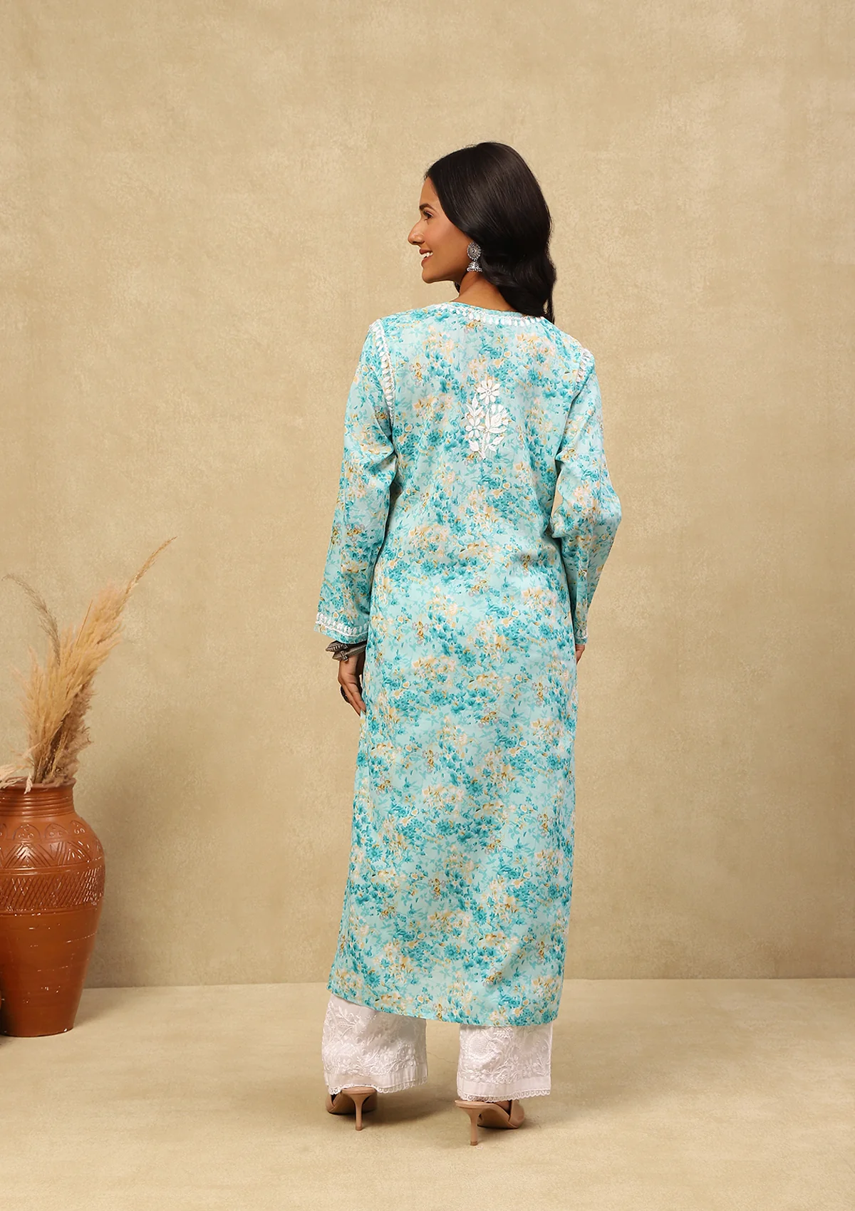 HOC Mulmul Chikankari Printed Women's Long Kurta -Sea Green - Image 4