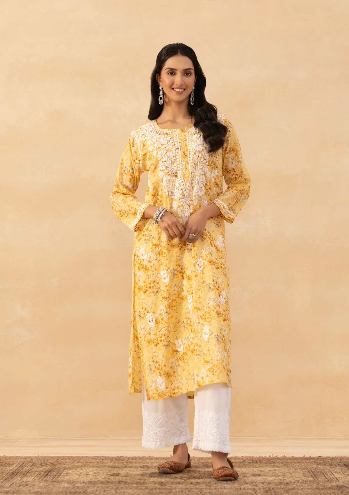 HOC Mulmul Chikankari Printed Women's Long Kurta - Yellow - Image 3