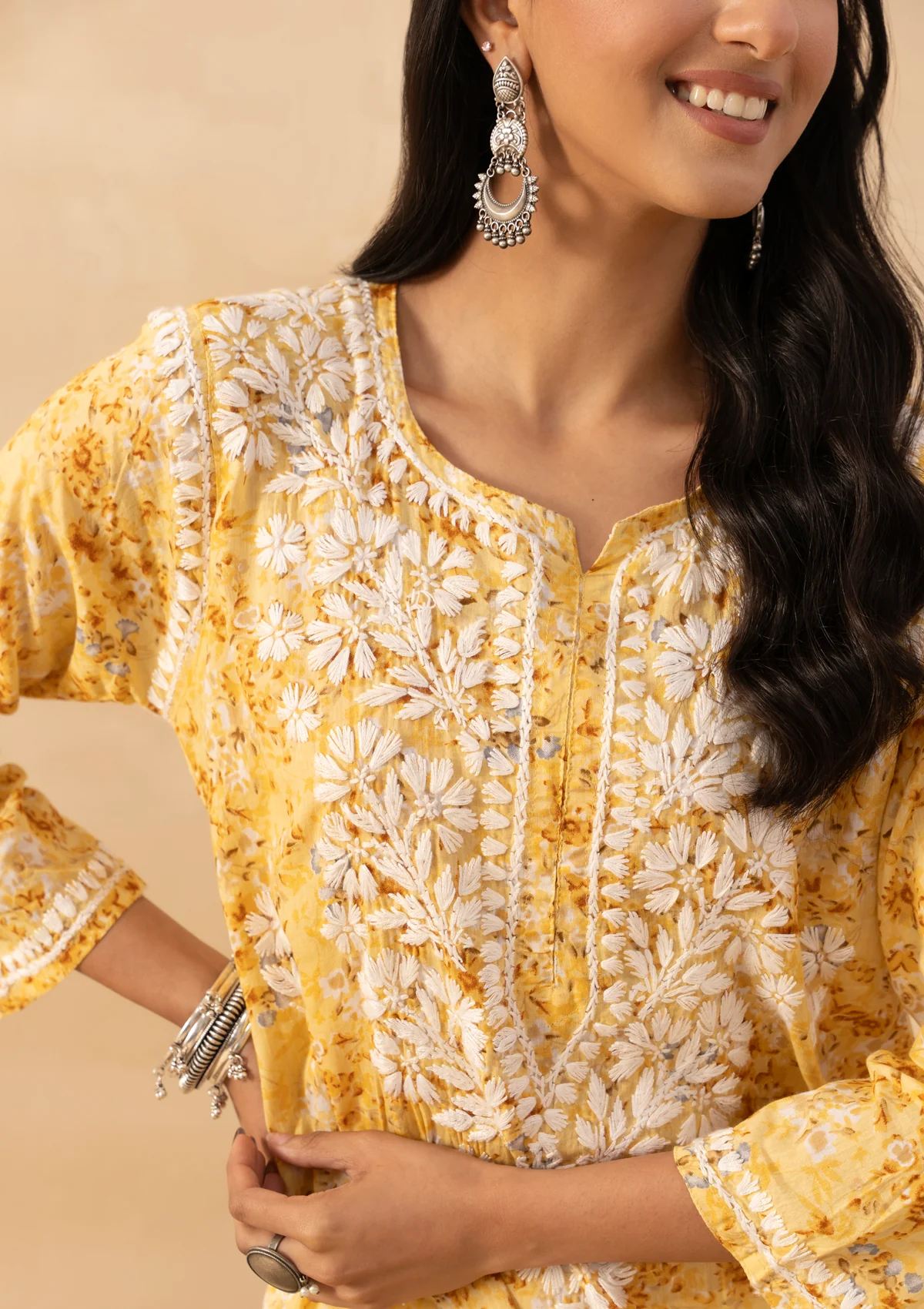 HOC Mulmul Chikankari Printed Women's Long Kurta - Yellow - Image 4