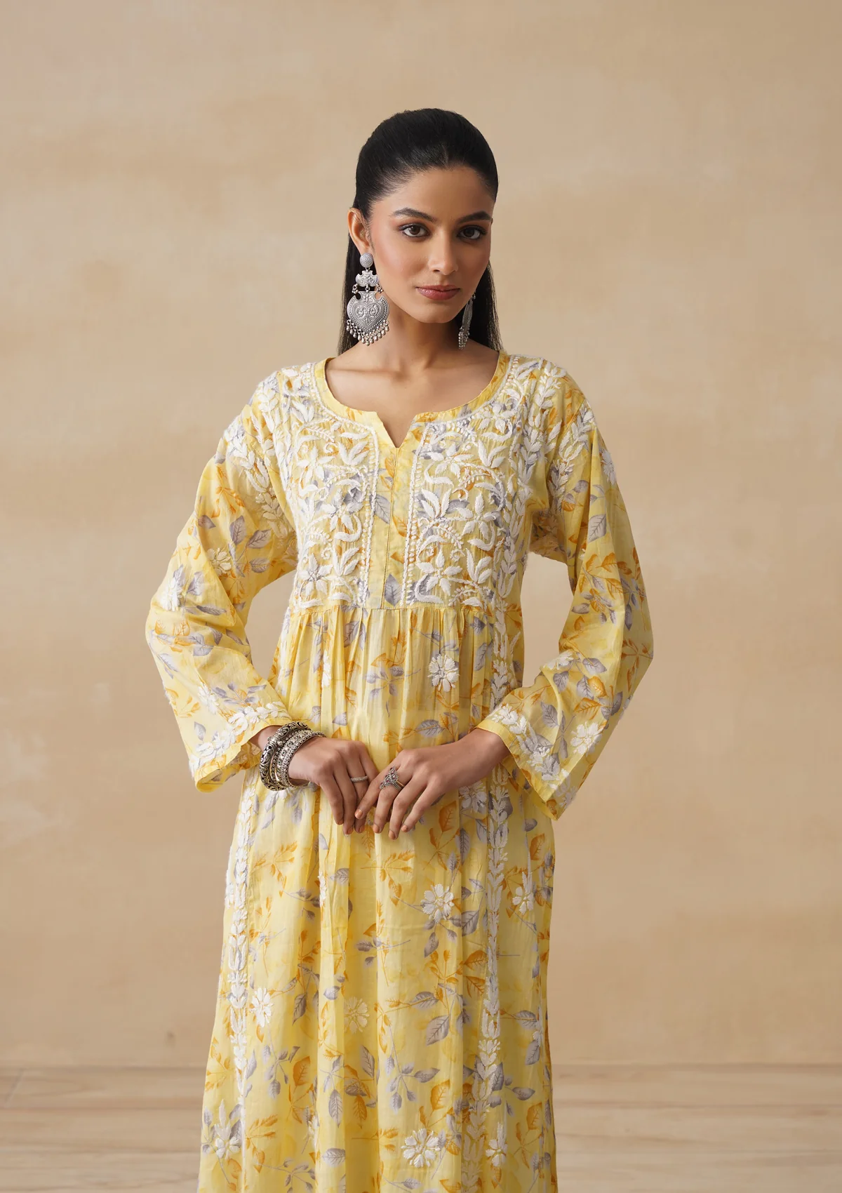 HOC Mulmul Chikankari Printed Women's Long Kurta - Yellow - Image 2
