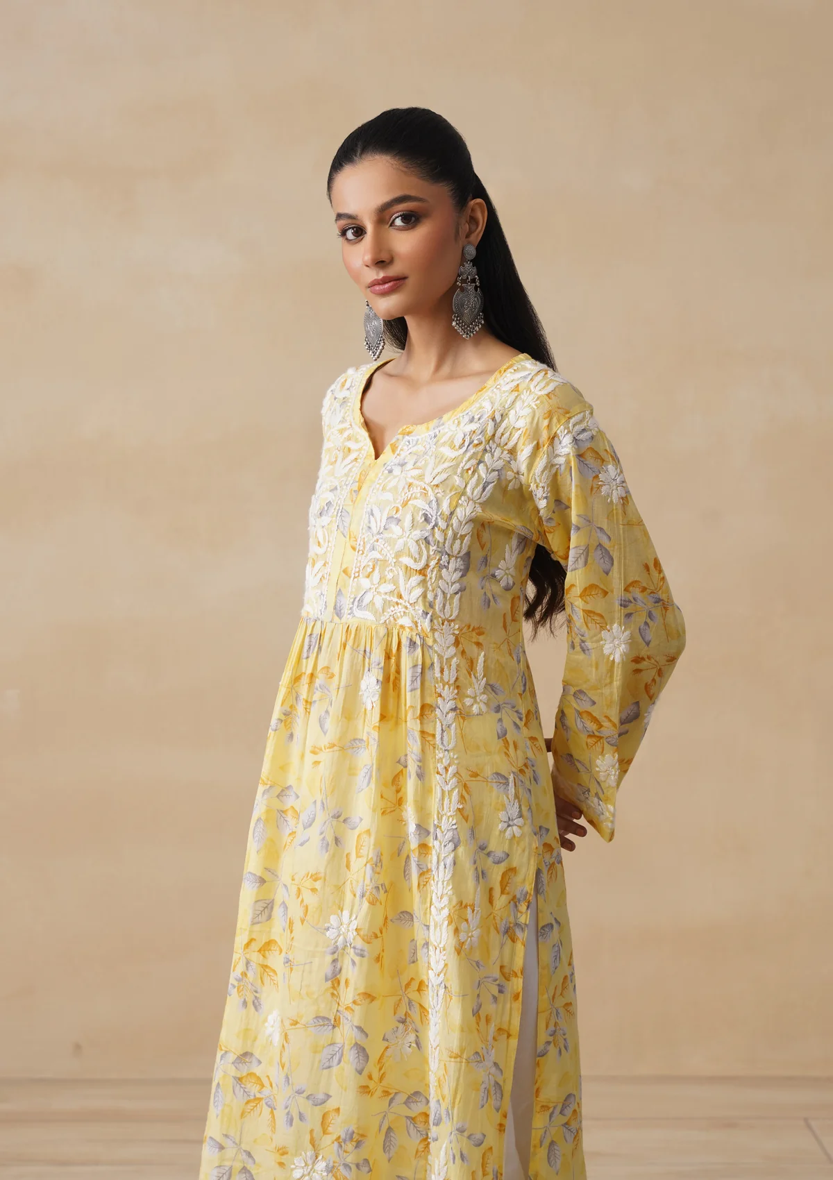 HOC Mulmul Chikankari Printed Women's Long Kurta - Yellow - Image 3