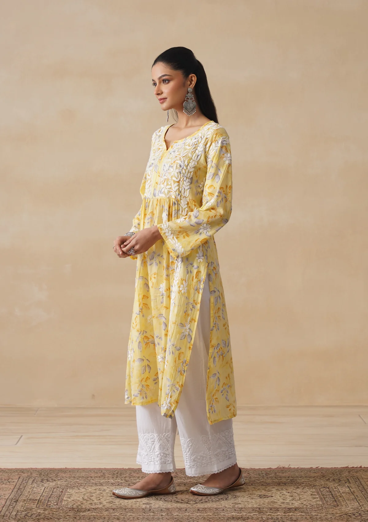 HOC Mulmul Chikankari Printed Women's Long Kurta - Yellow - Image 4