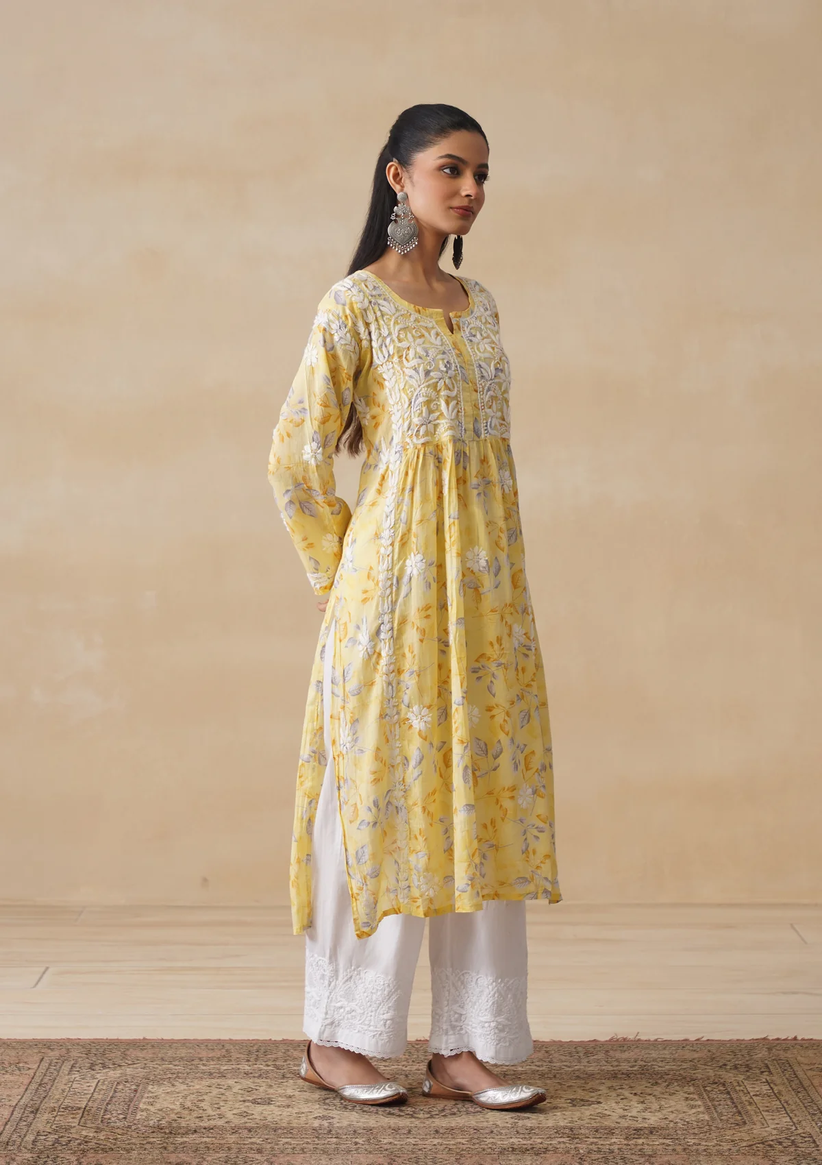 HOC Mulmul Chikankari Printed Women's Long Kurta - Yellow - Image 6