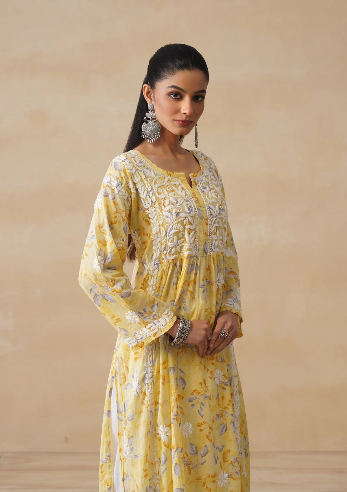 HOC Mulmul Chikankari Printed Women's Long Kurta - Yellow - Image 7