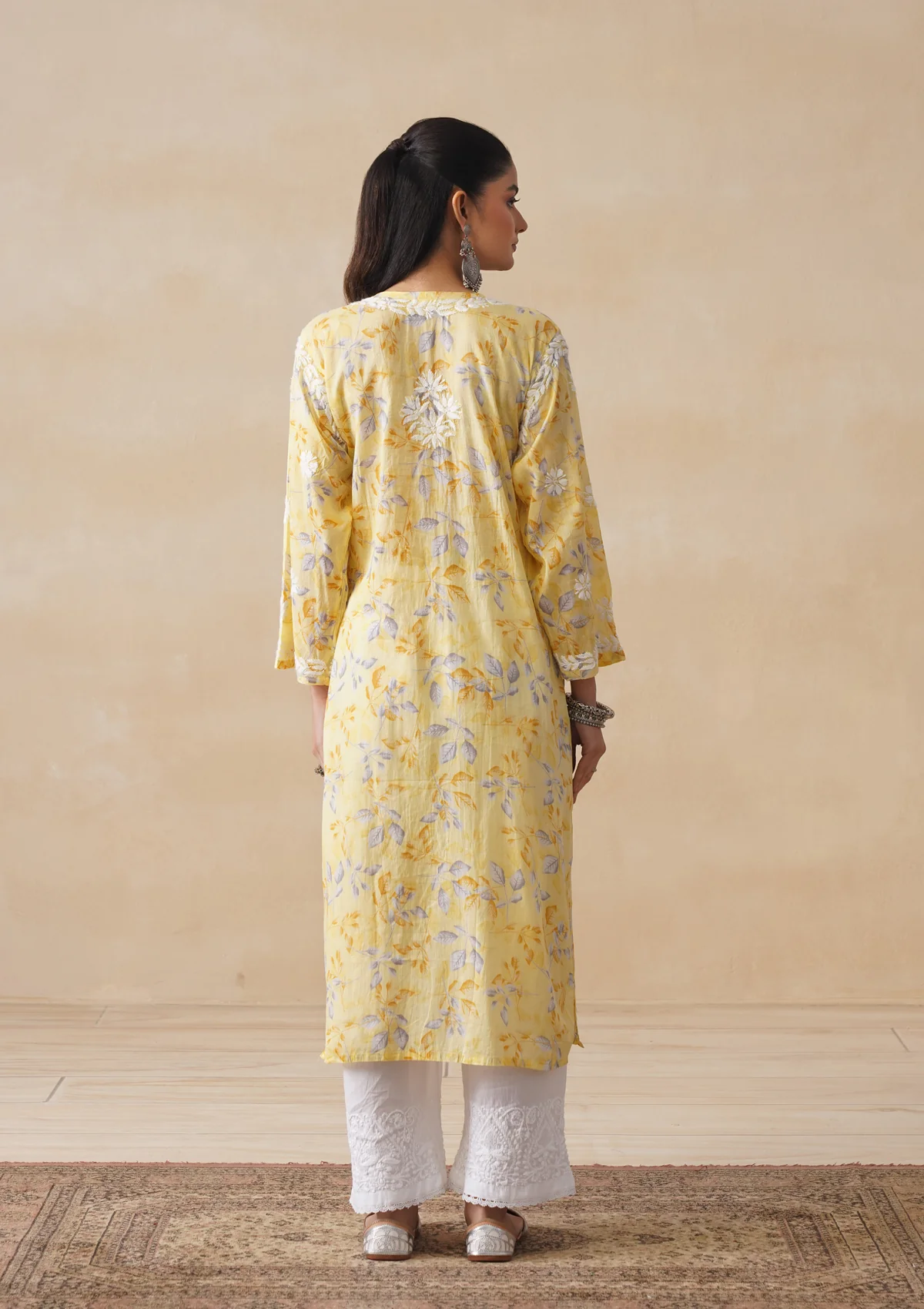 HOC Mulmul Chikankari Printed Women's Long Kurta - Yellow - Image 9