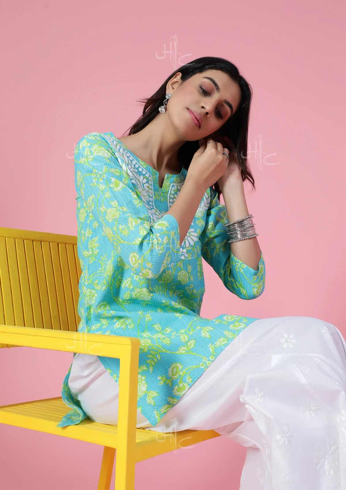 HOC Kantha Cotton Chikankari Printed Women's Short Kurta - Blue - Image 3