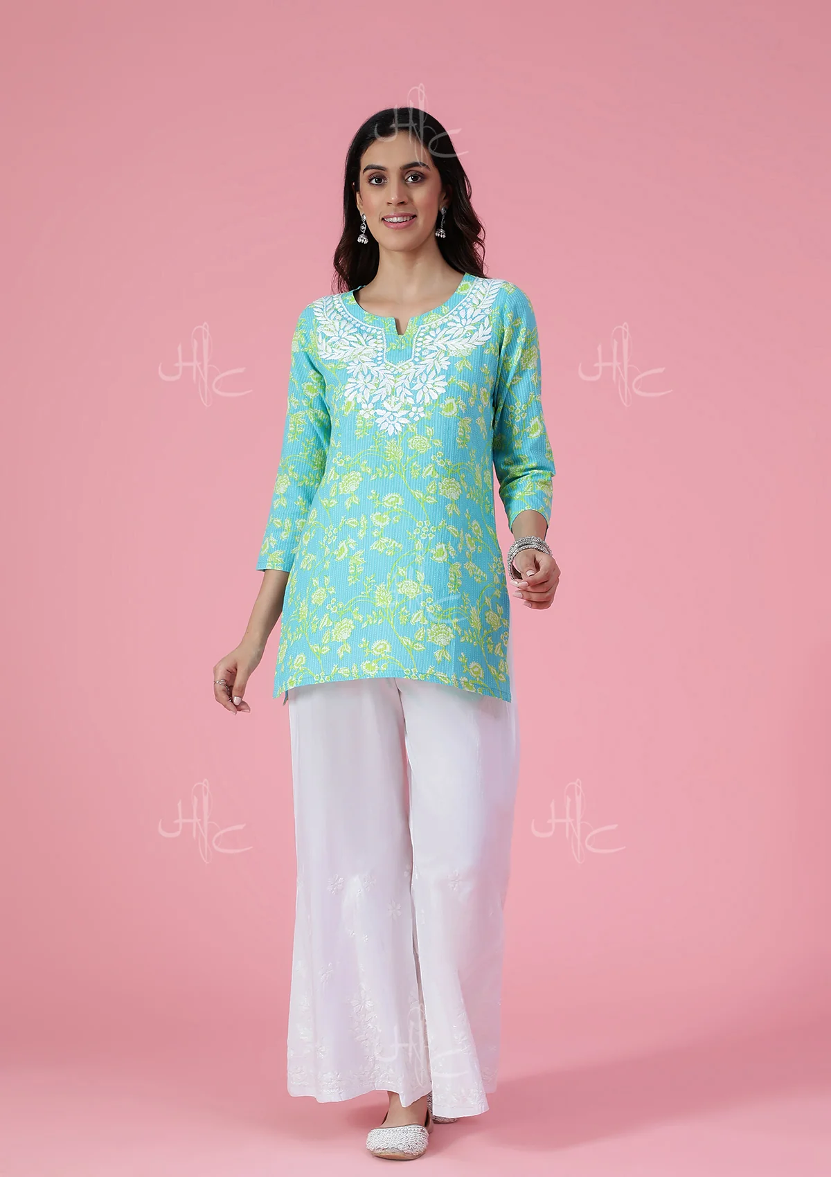 HOC Kantha Cotton Chikankari Printed Women's Short Kurta - Blue - Image 5