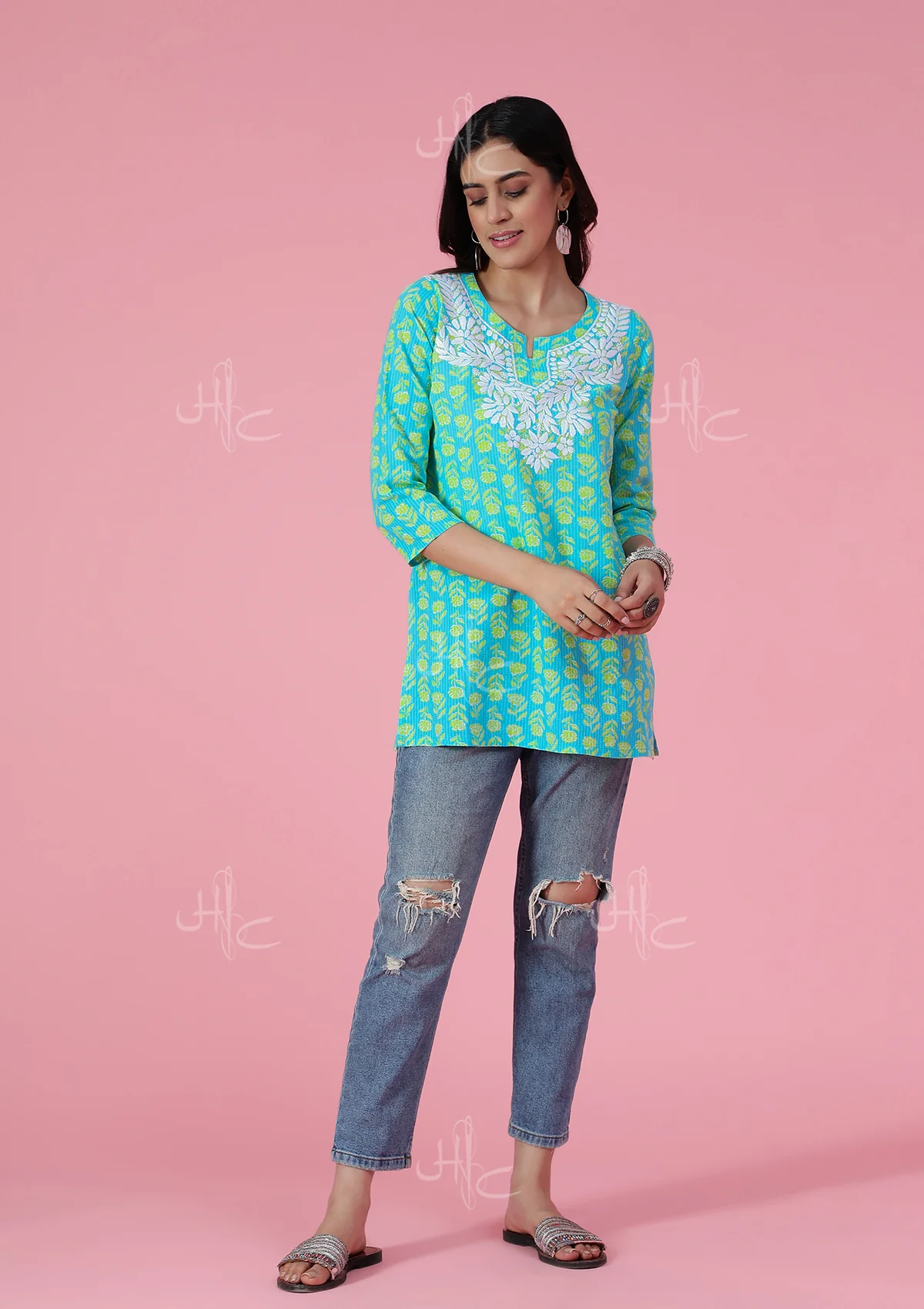 HOC Kantha Cotton Chikankari Printed Women's Short Kurta - Blue - Image 3
