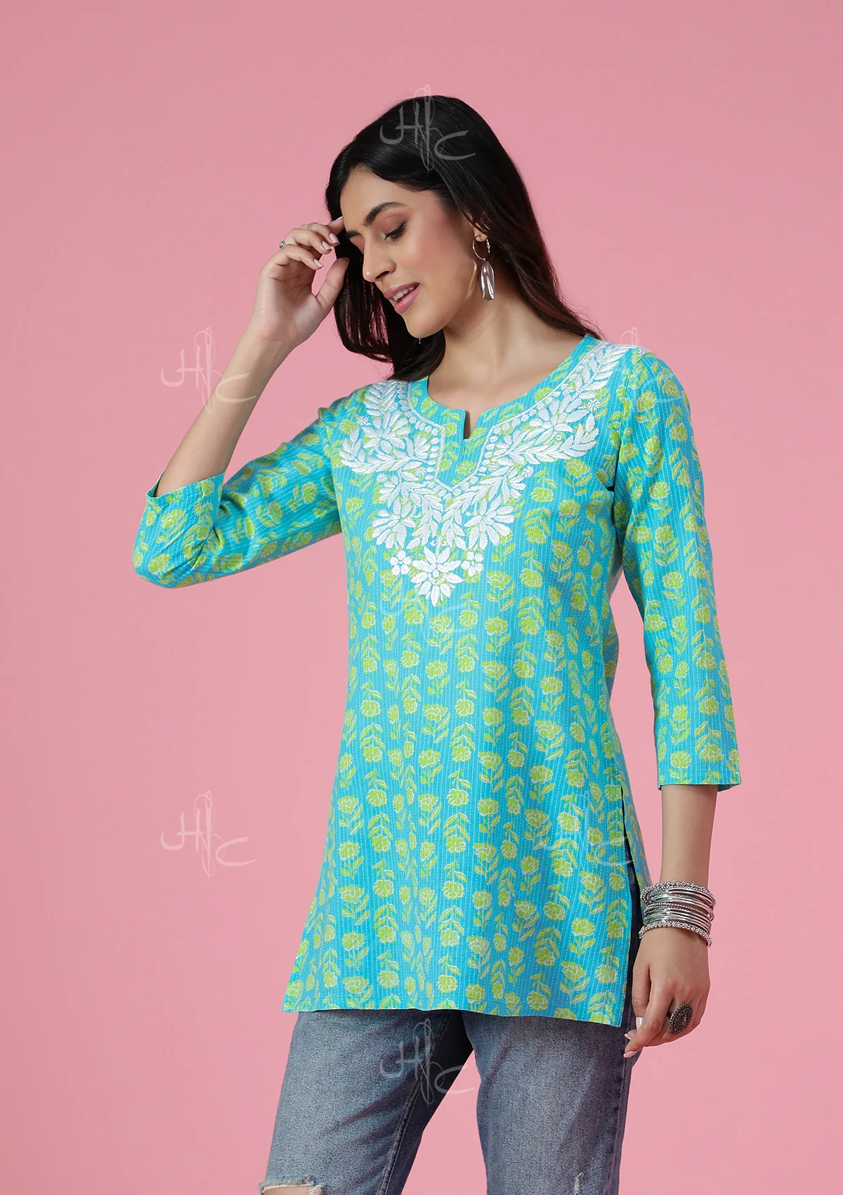 HOC Kantha Cotton Chikankari Printed Women's Short Kurta - Blue - Image 4