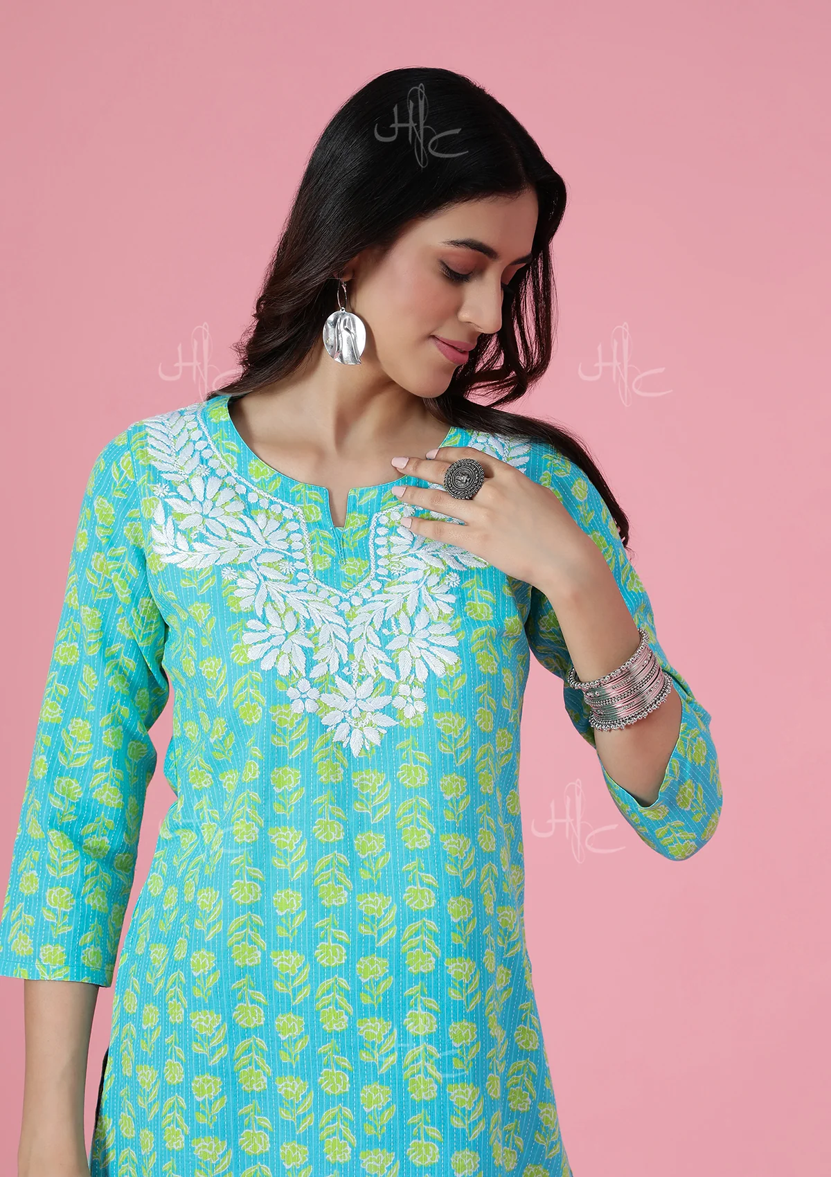 HOC Kantha Cotton Chikankari Printed Women's Short Kurta - Blue - Image 6