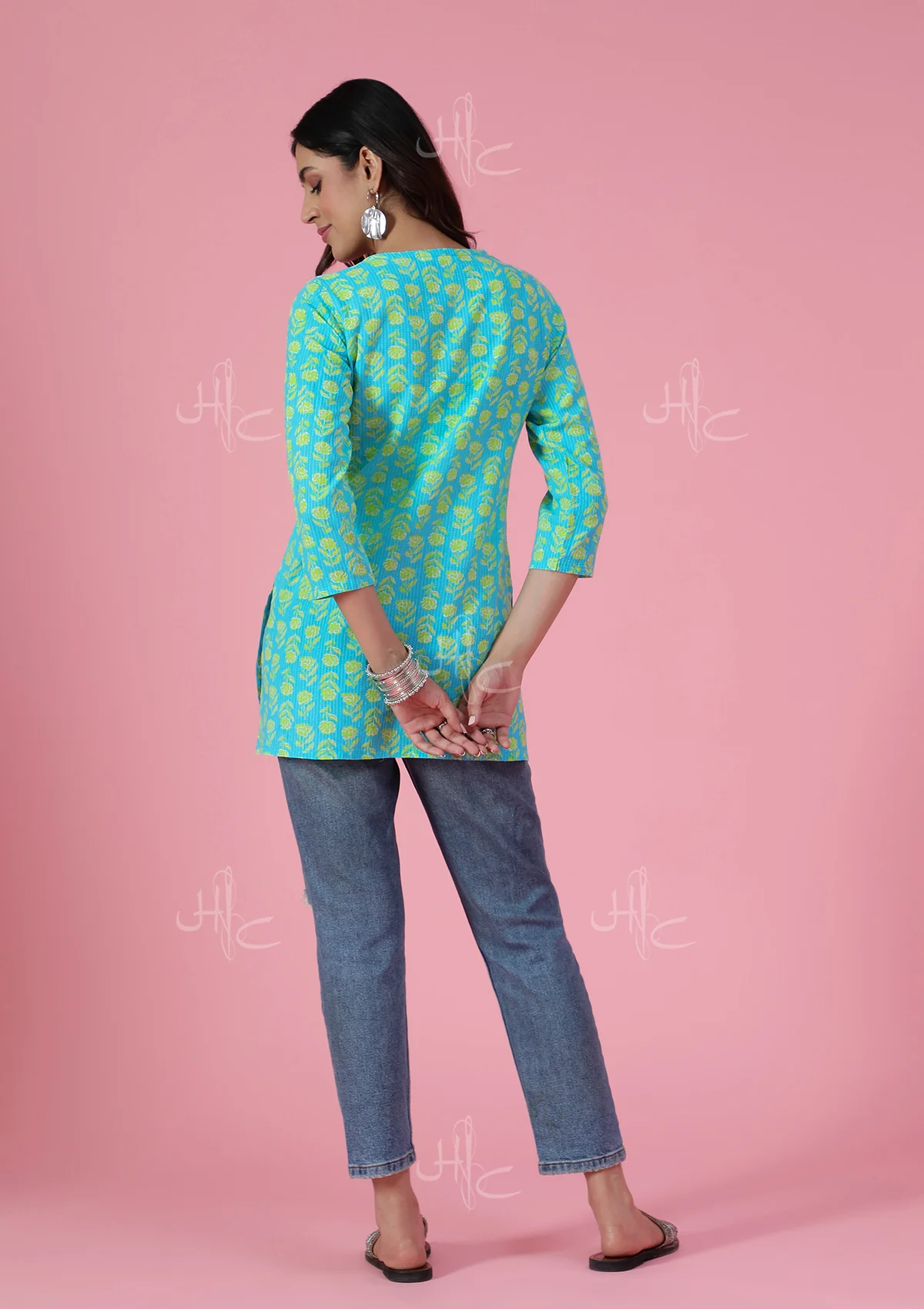 HOC Kantha Cotton Chikankari Printed Women's Short Kurta - Blue - Image 7