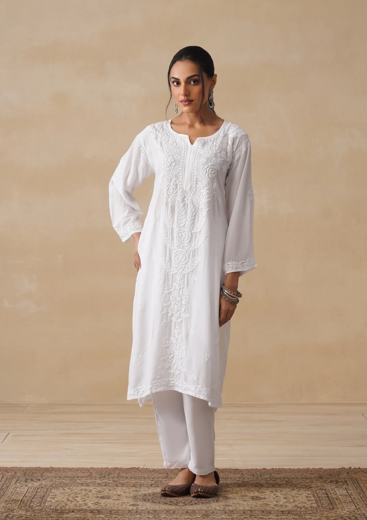 HOC Mulmul Chikankari Solid Women's Long Kurta - White