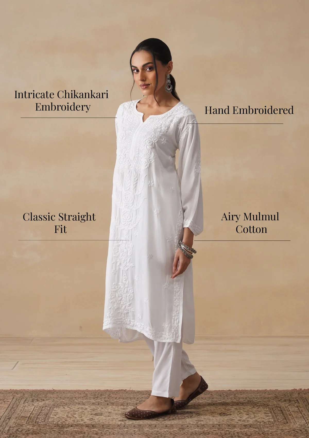 HOC Mulmul Chikankari Solid Women's Long Kurta - White - Image 10