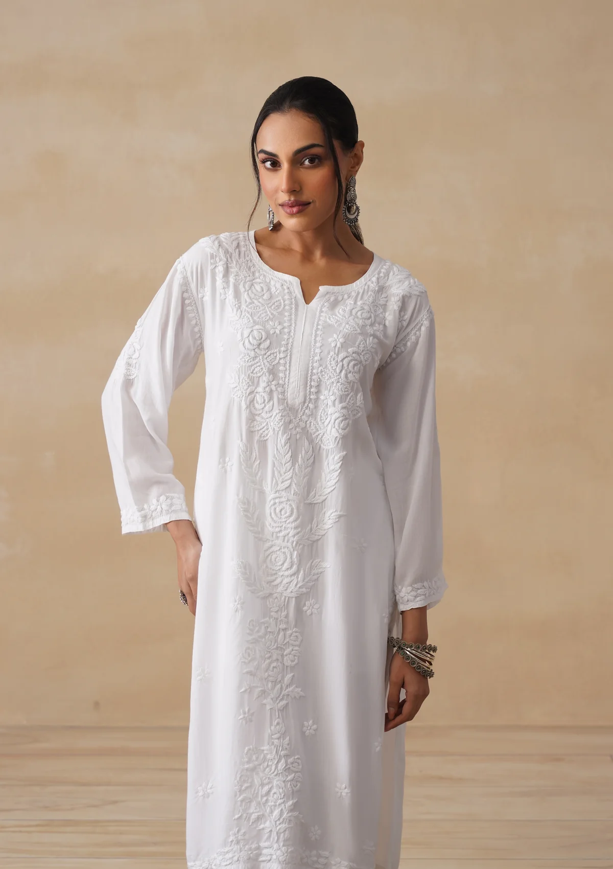 HOC Mulmul Chikankari Solid Women's Long Kurta - White - Image 2