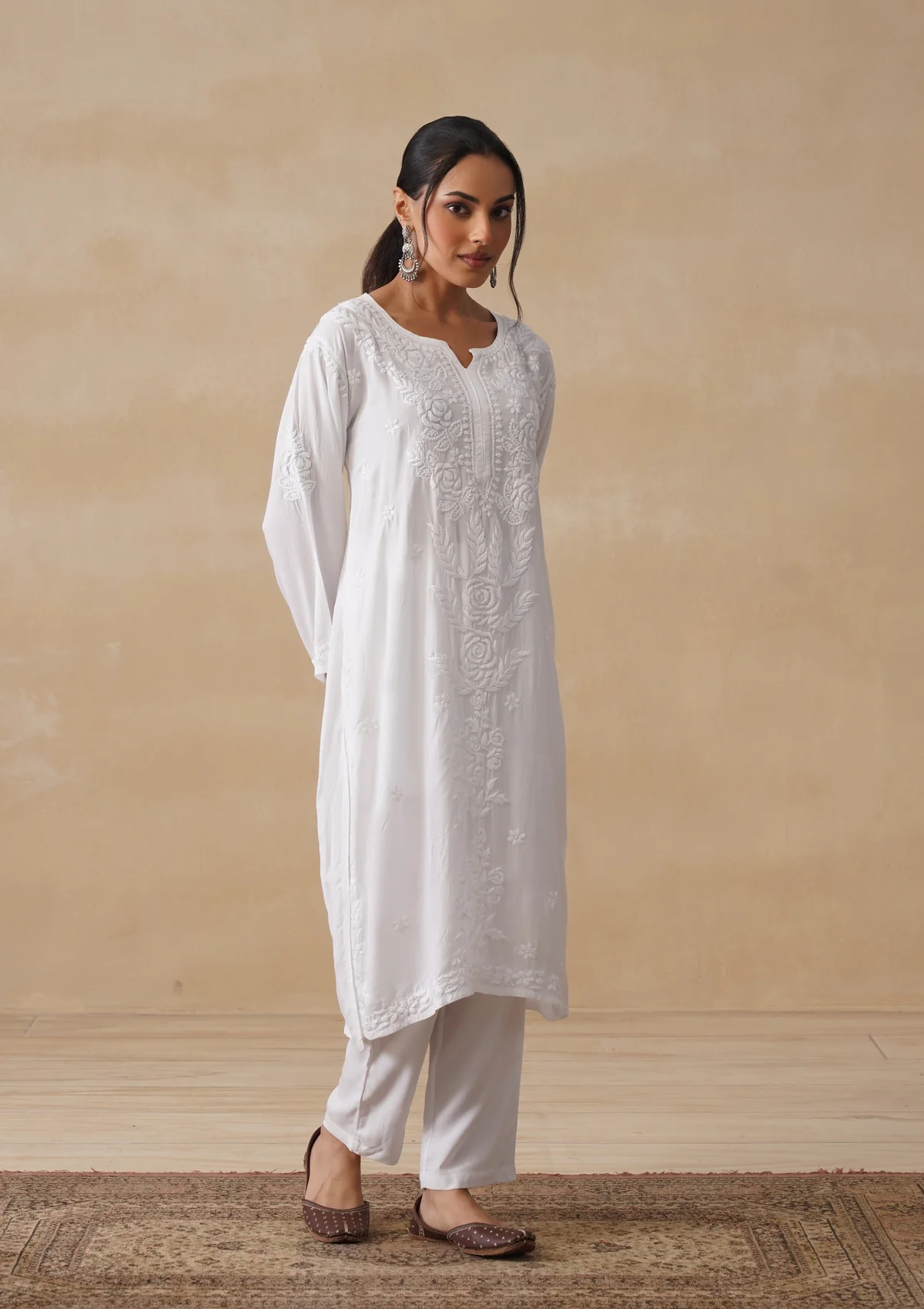HOC Mulmul Chikankari Solid Women's Long Kurta - White - Image 6