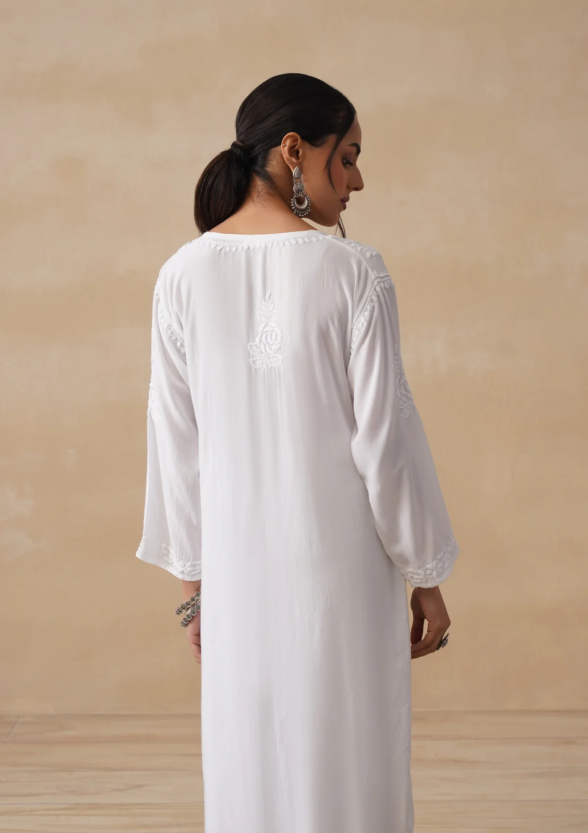 HOC Mulmul Chikankari Solid Women's Long Kurta - White - Image 8