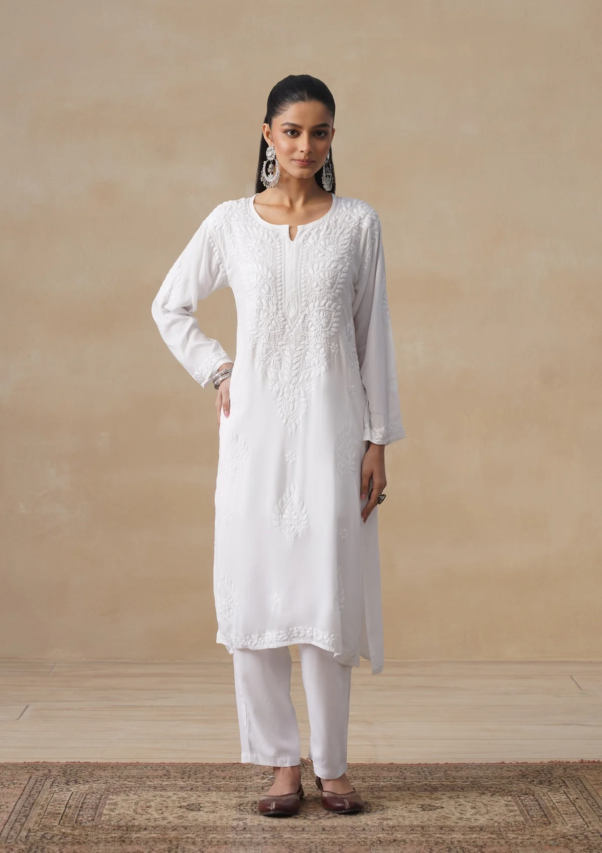 HOC Mulmul Chikankari Solid Women's Long Kurta - White