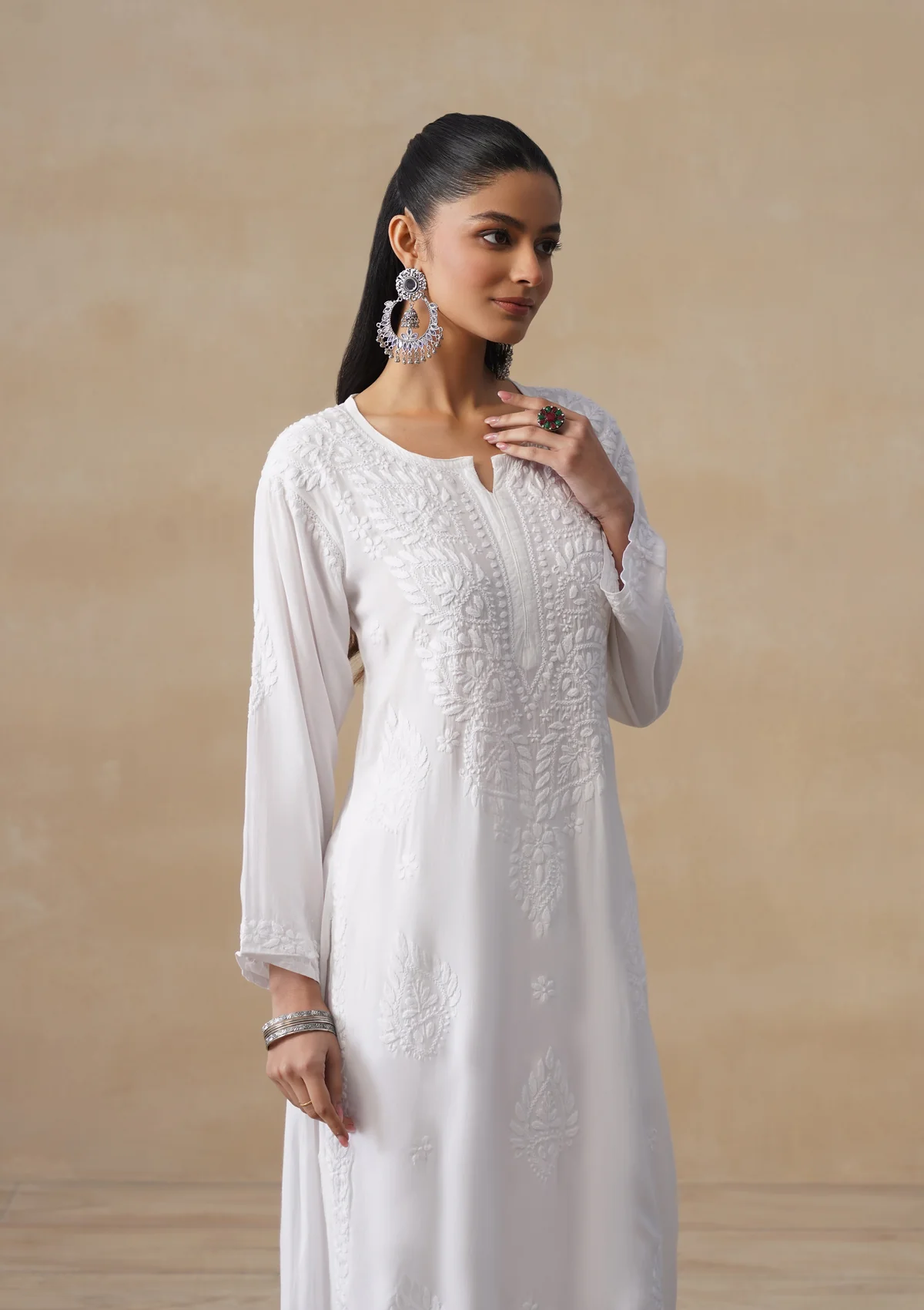 HOC Mulmul Chikankari Solid Women's Long Kurta - White - Image 5