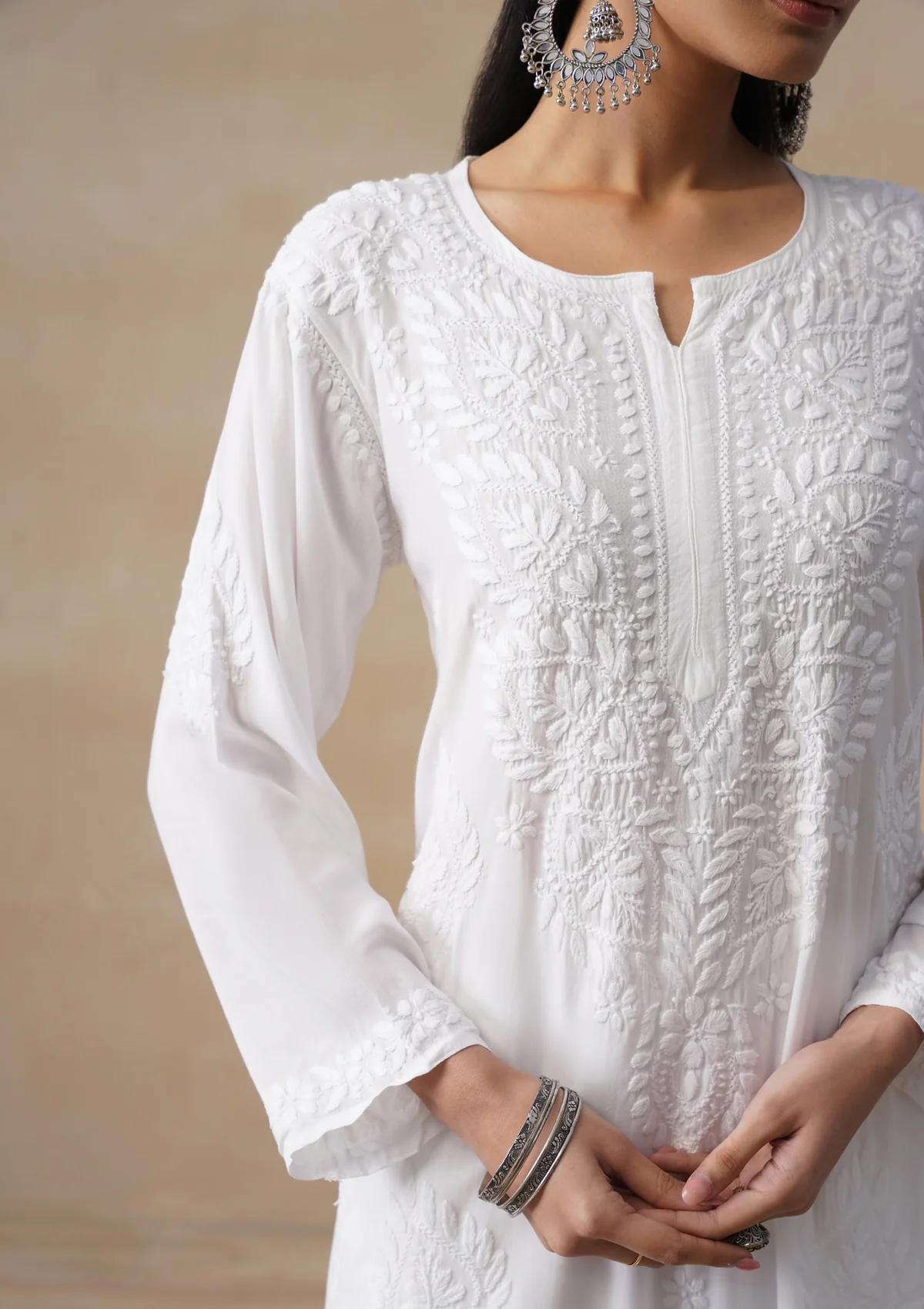 HOC Mulmul Chikankari Solid Women's Long Kurta - White - Image 6