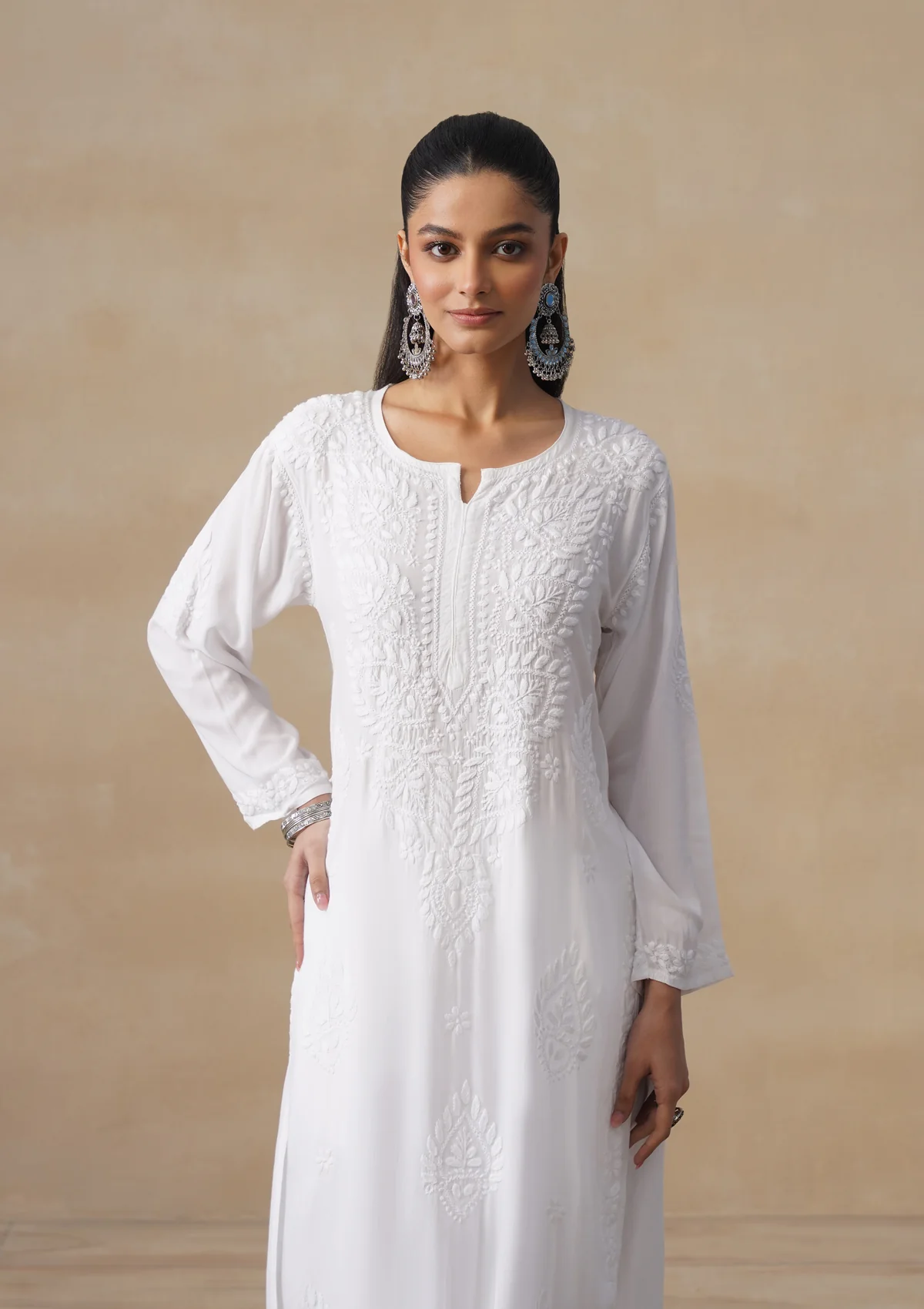 HOC Mulmul Chikankari Solid Women's Long Kurta - White - Image 8