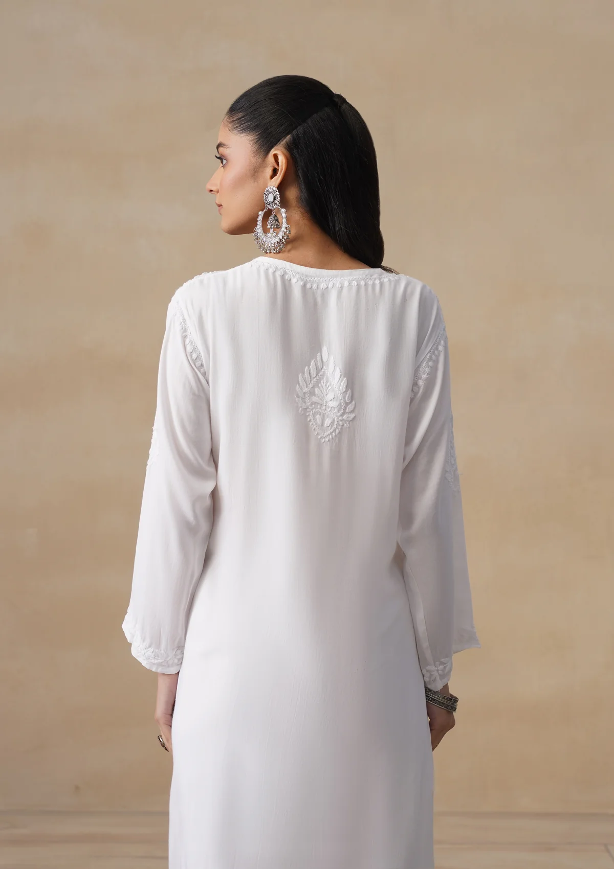 HOC Mulmul Chikankari Solid Women's Long Kurta - White - Image 9