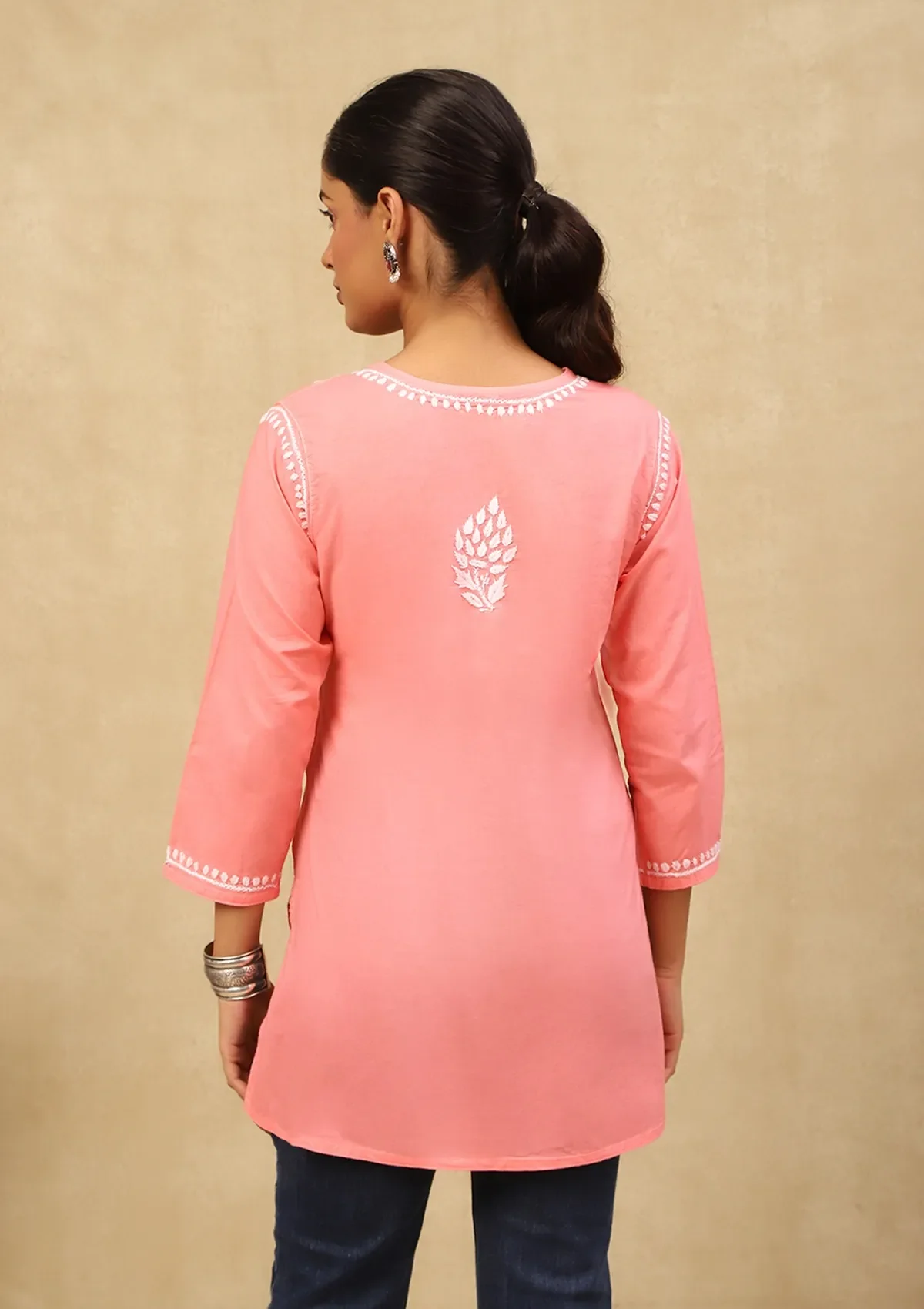 HOC Cotton Chikankari Solid Women's Short Kurta - Peach - Image 4