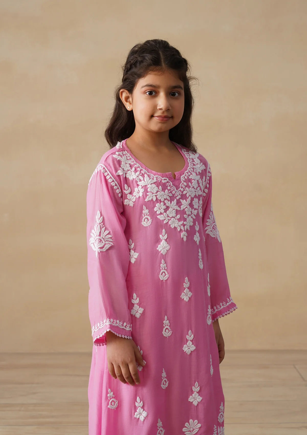 HOC Muslin Chikankari Solid Girls 2 PC Long Kurta Set - Pink - Image 3