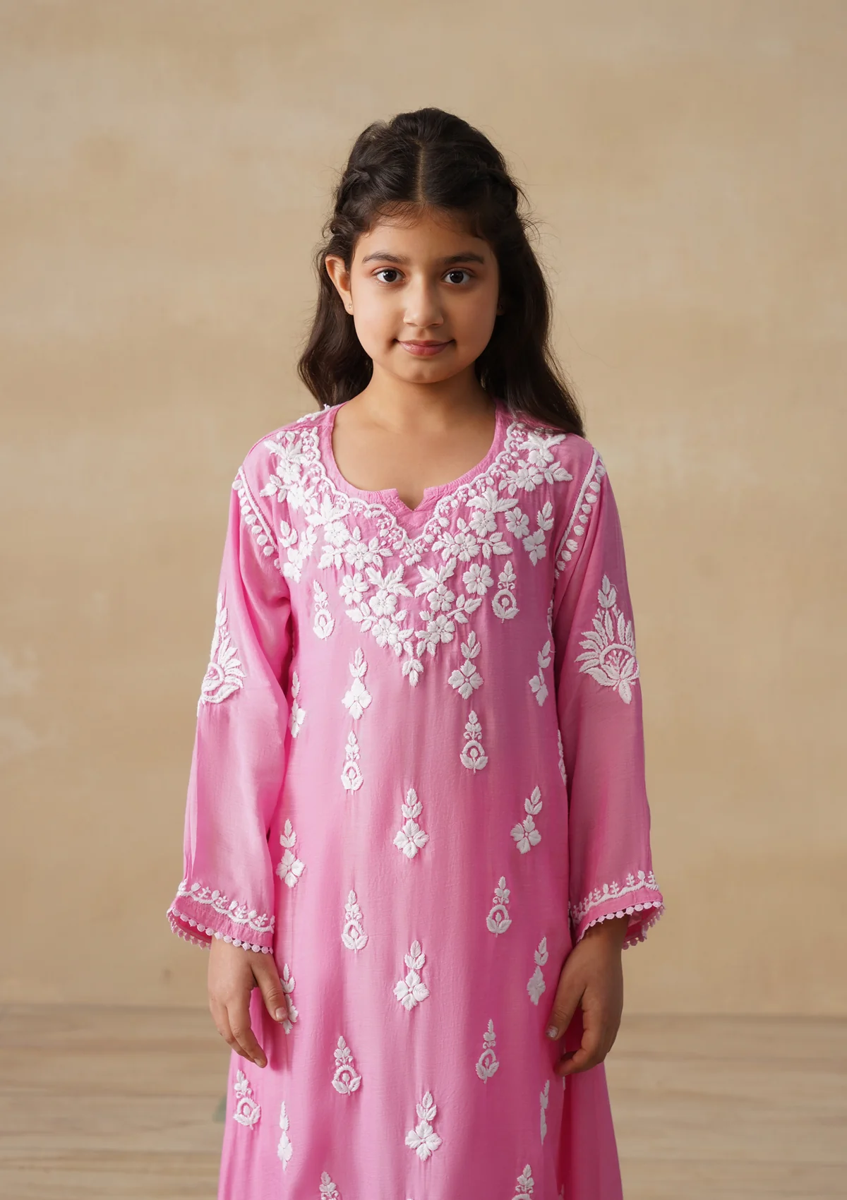 HOC Muslin Chikankari Solid Girls 2 PC Long Kurta Set - Pink - Image 4