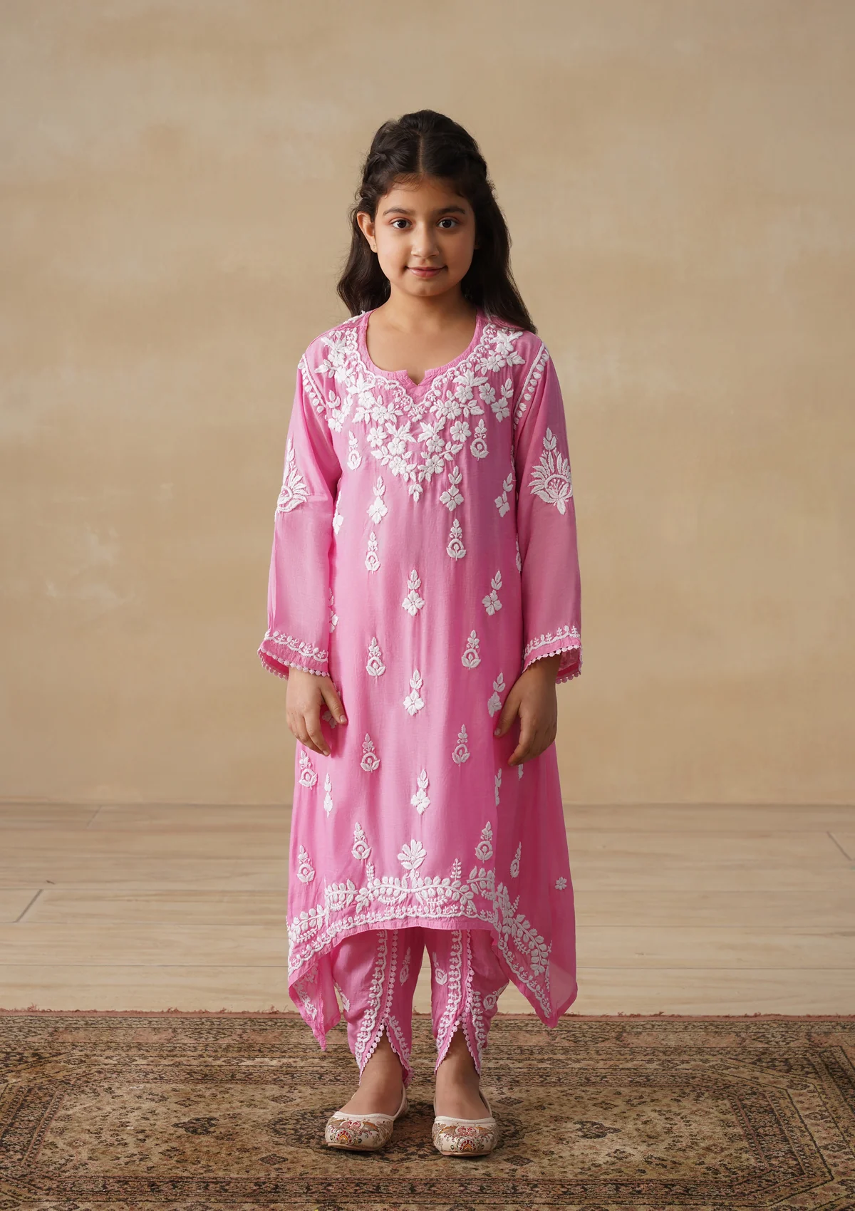 HOC Muslin Chikankari Solid Girls 2 PC Long Kurta Set - Pink - Image 5