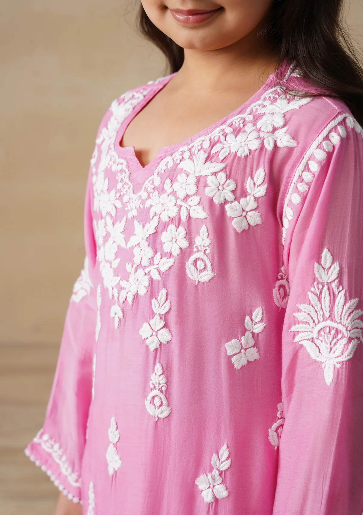 HOC Muslin Chikankari Solid Girls 2 PC Long Kurta Set - Pink - Image 6