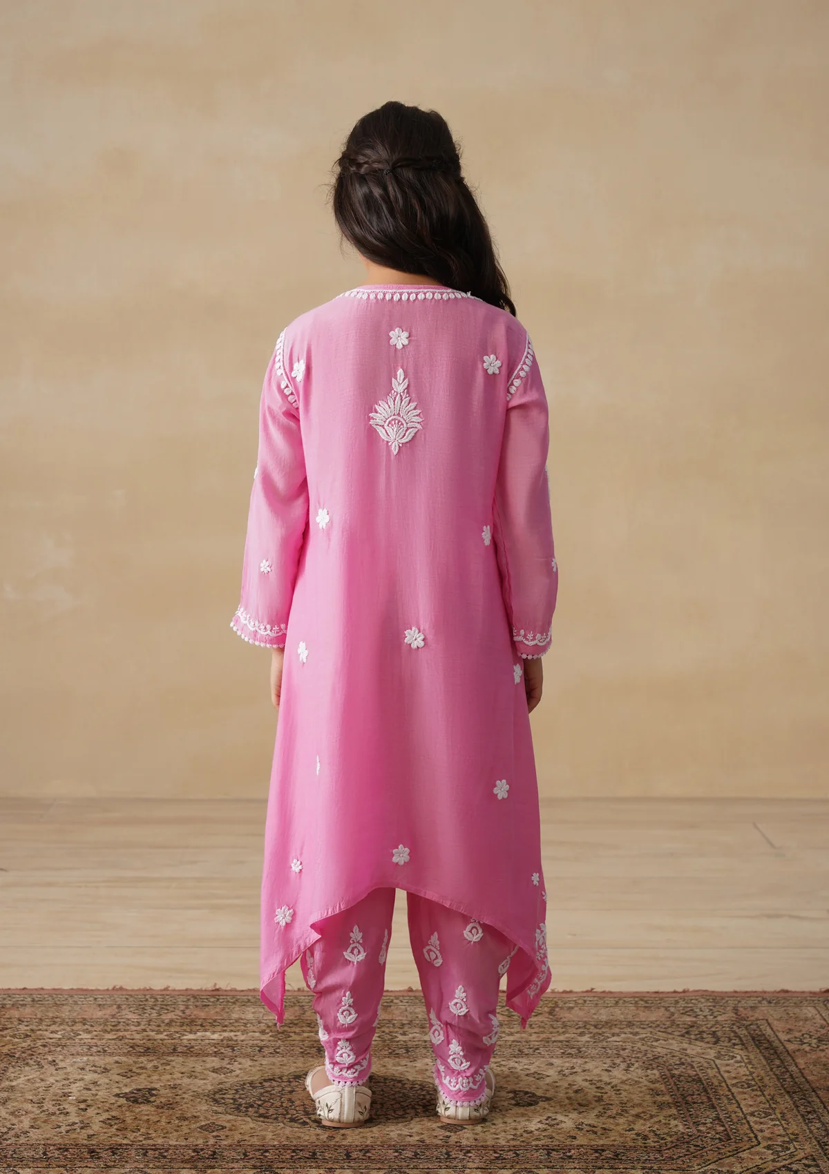 HOC Muslin Chikankari Solid Girls 2 PC Long Kurta Set - Pink - Image 7