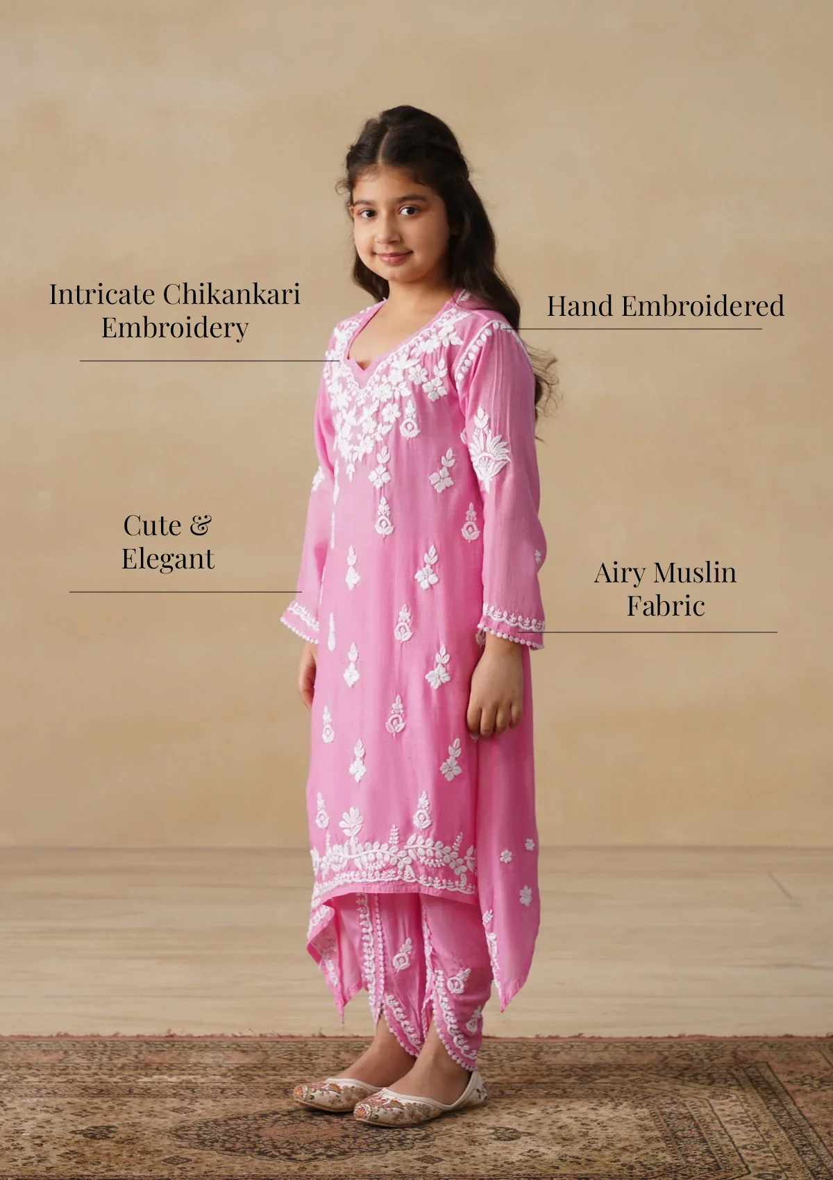 HOC Muslin Chikankari Solid Girls 2 PC Long Kurta Set - Pink - Image 8